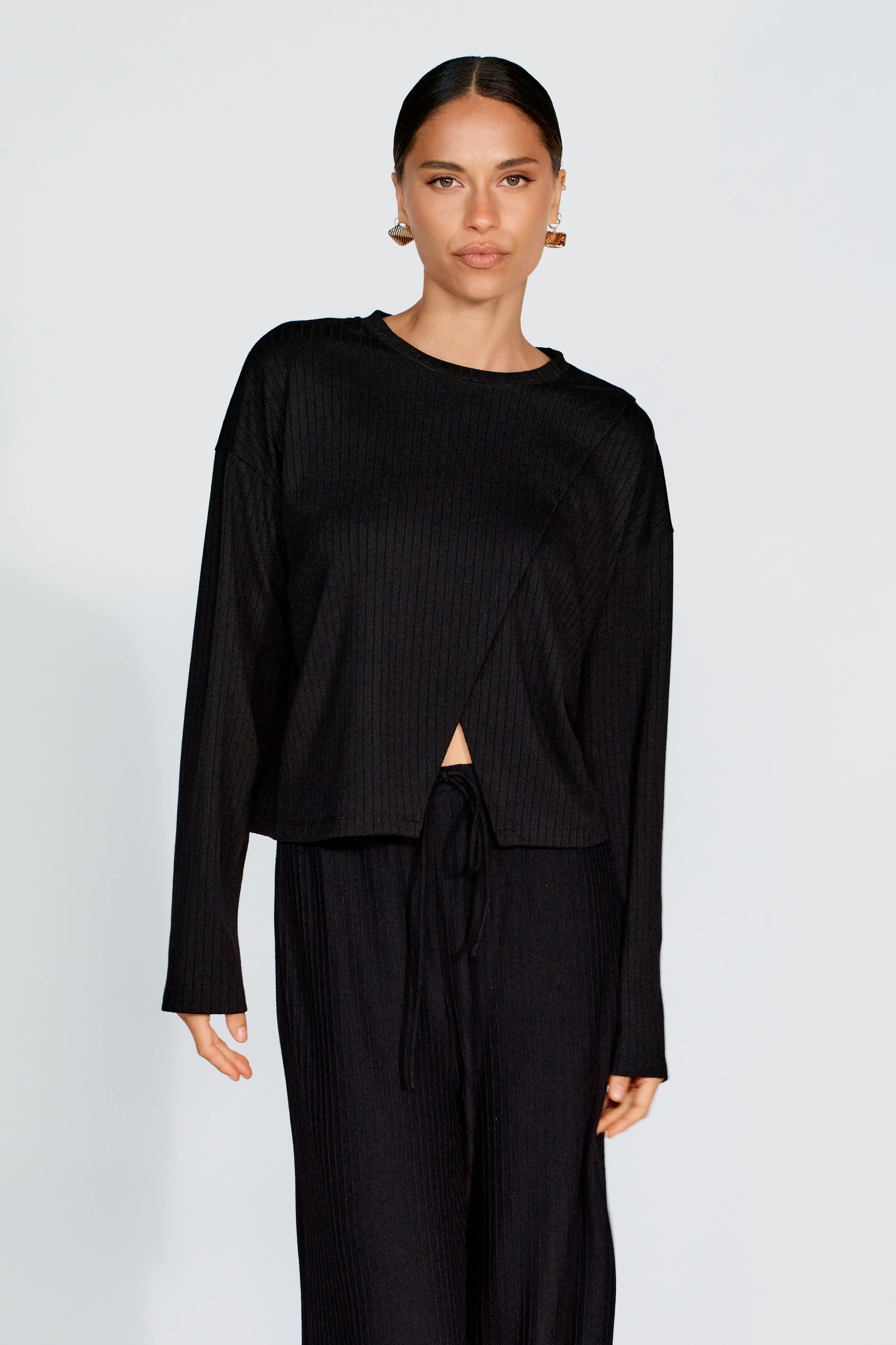 Ivy Ribbed Long Sleeve Top - Black - Image 6
