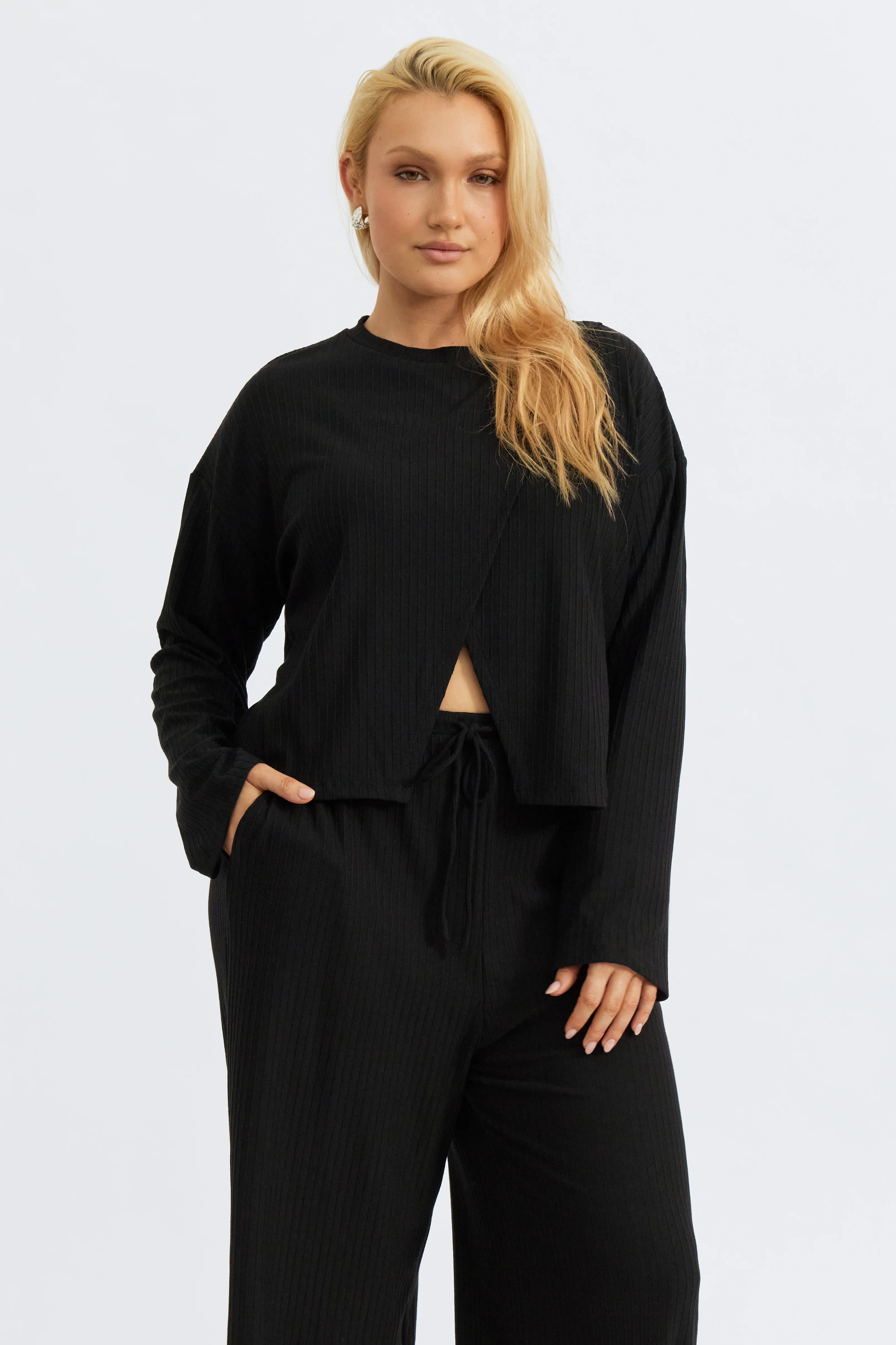 Ivy Ribbed Long Sleeve Top - Black - Image 7