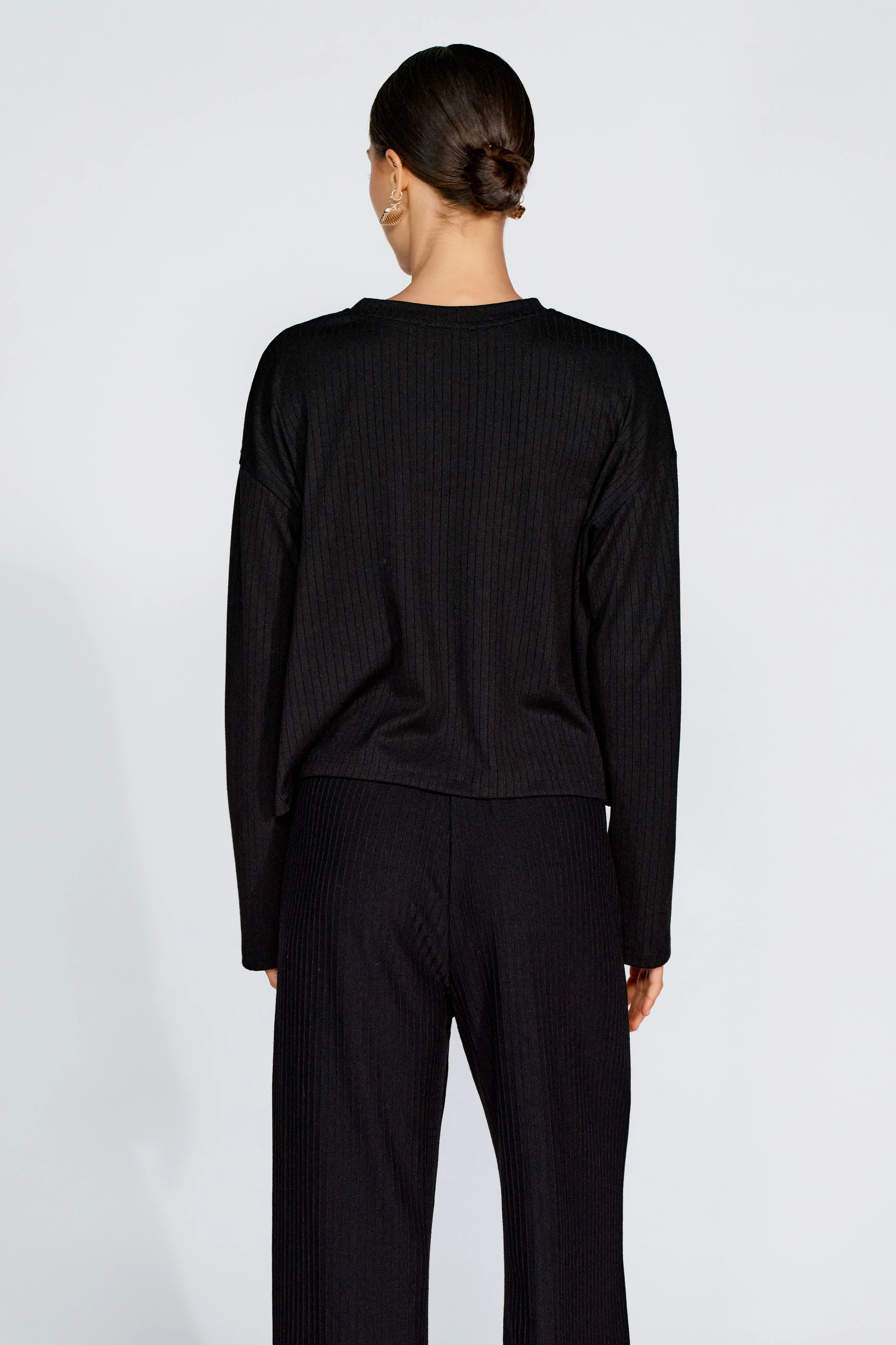 Ivy Ribbed Long Sleeve Top - Black - Image 8