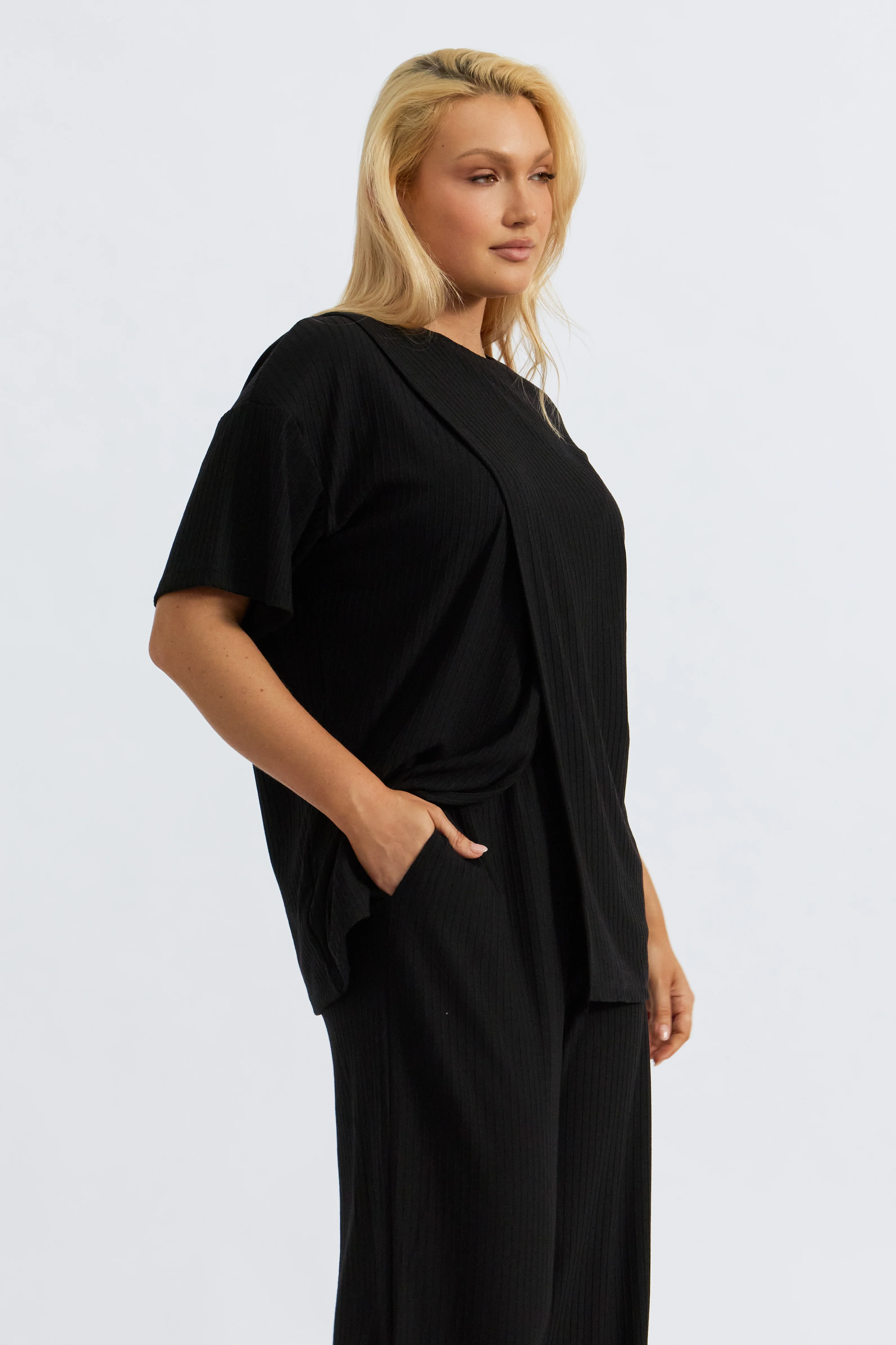 Ivy Ribbed Longline Wrap Tee - Black - Image 11