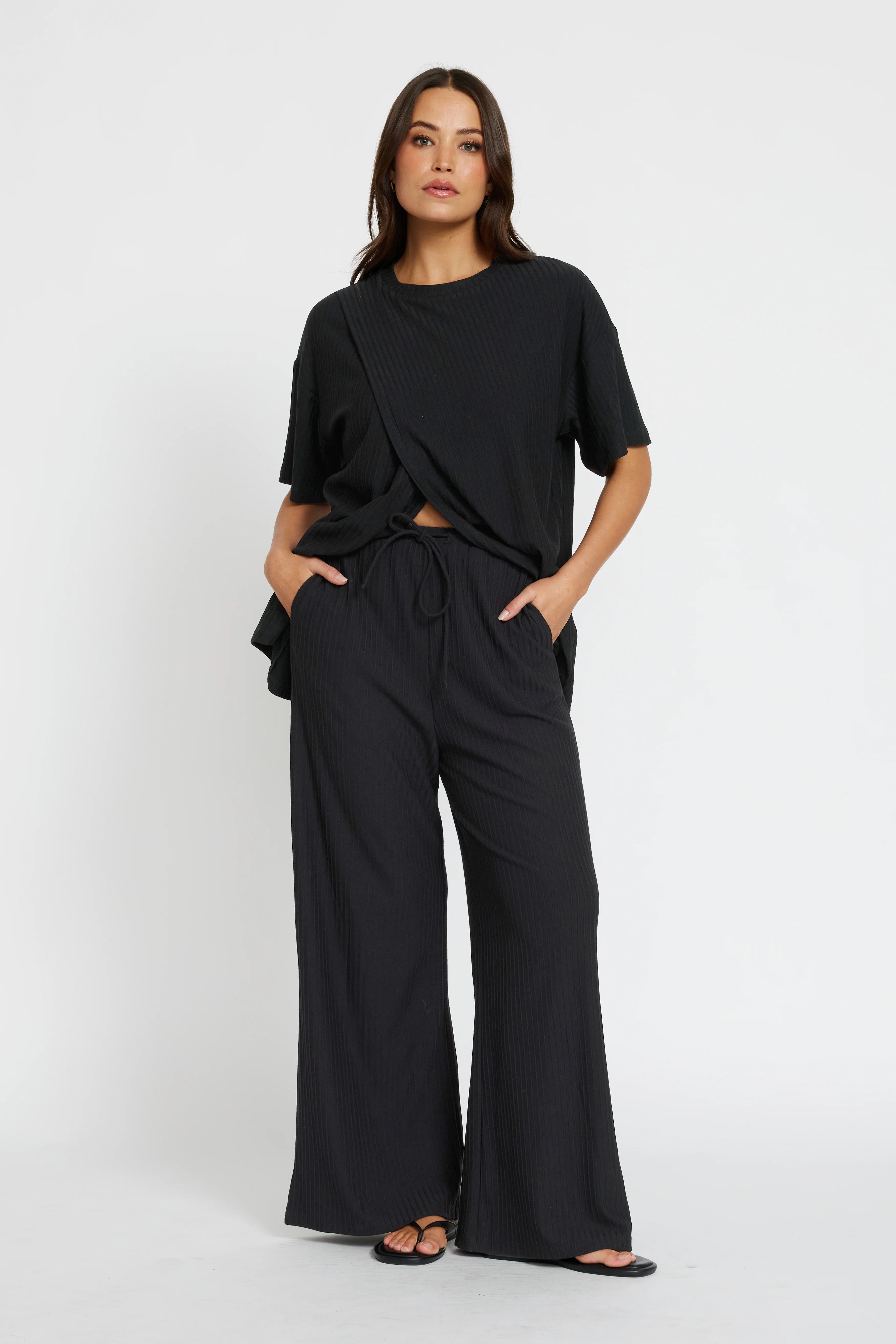 Ivy Ribbed Longline Wrap Tee - Black - Image 14