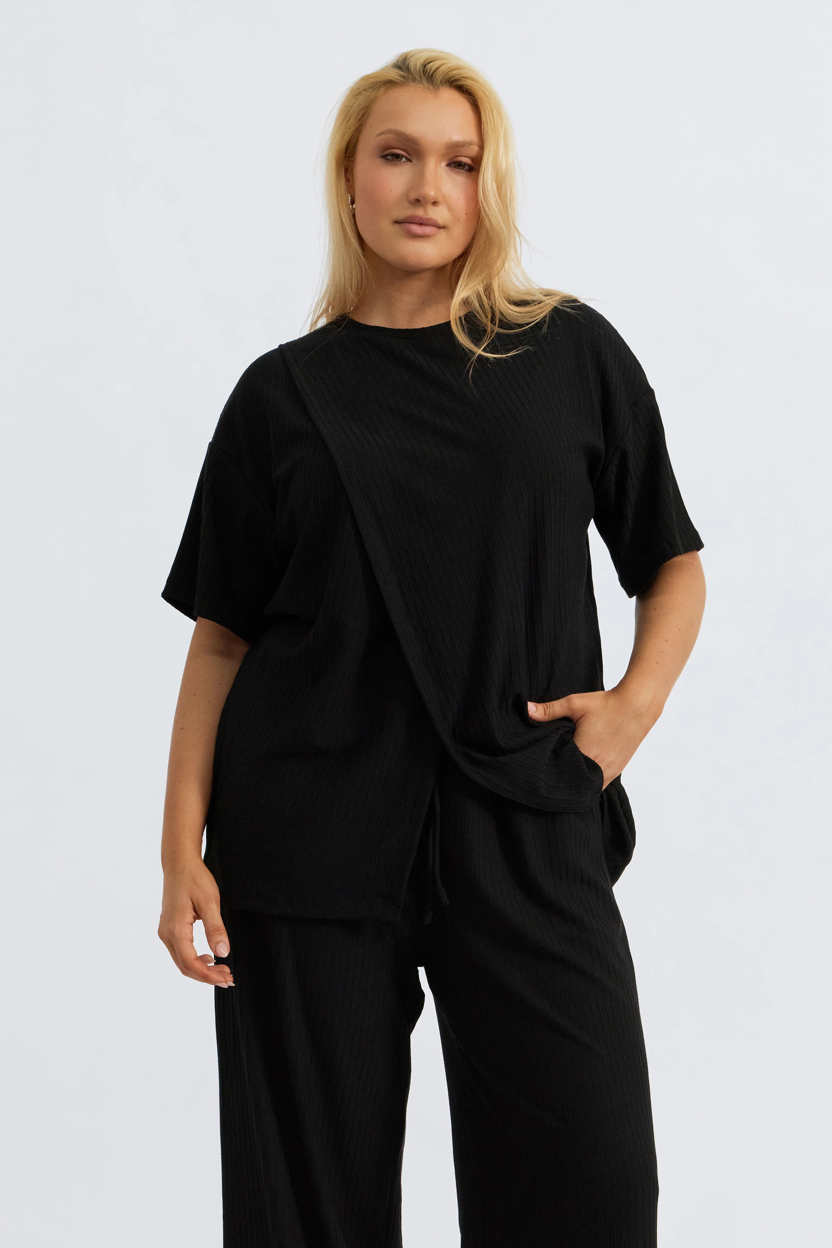 Ivy Ribbed Longline Wrap Tee - Black - Image 15