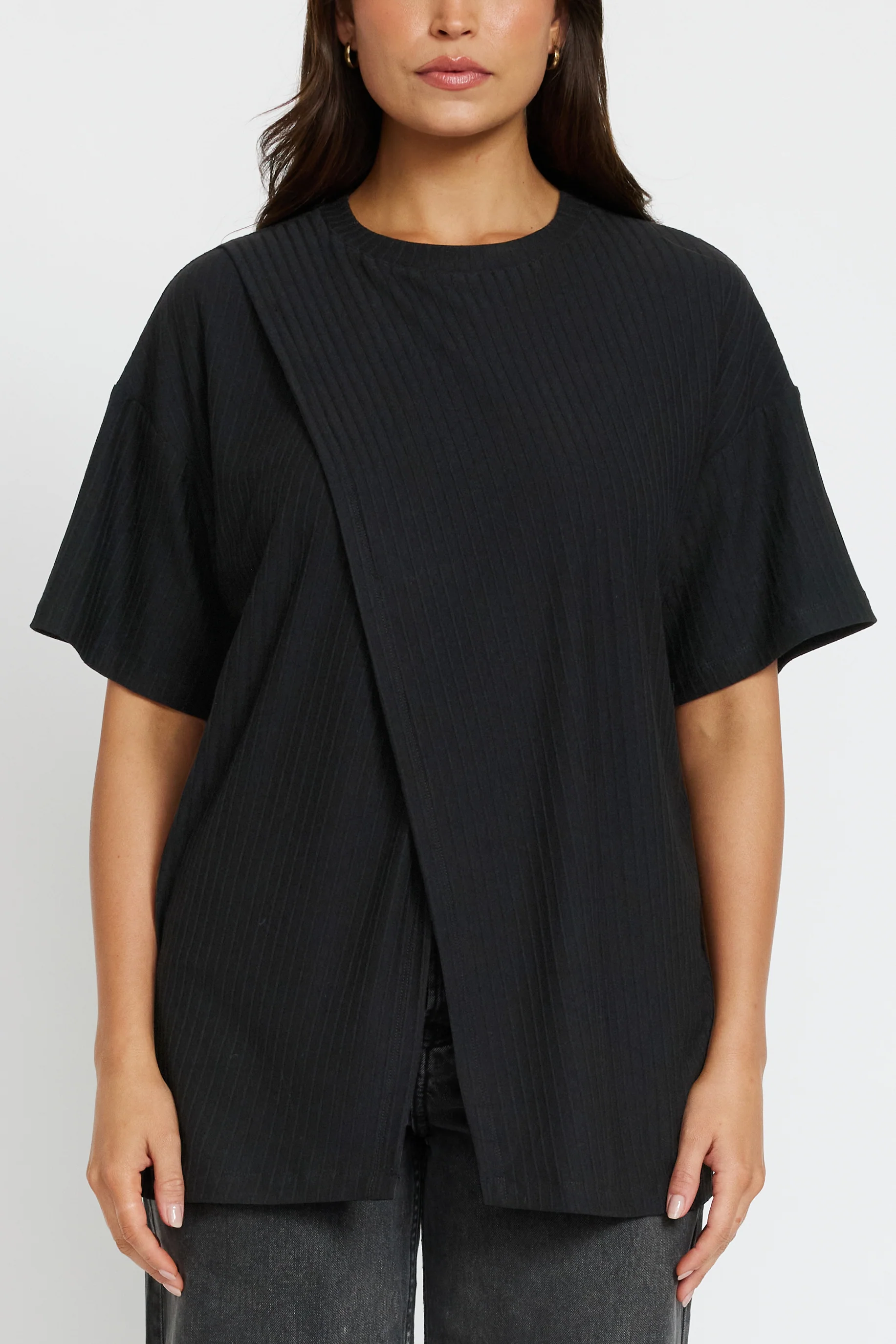 Ivy Ribbed Longline Wrap Tee - Black - Image 4