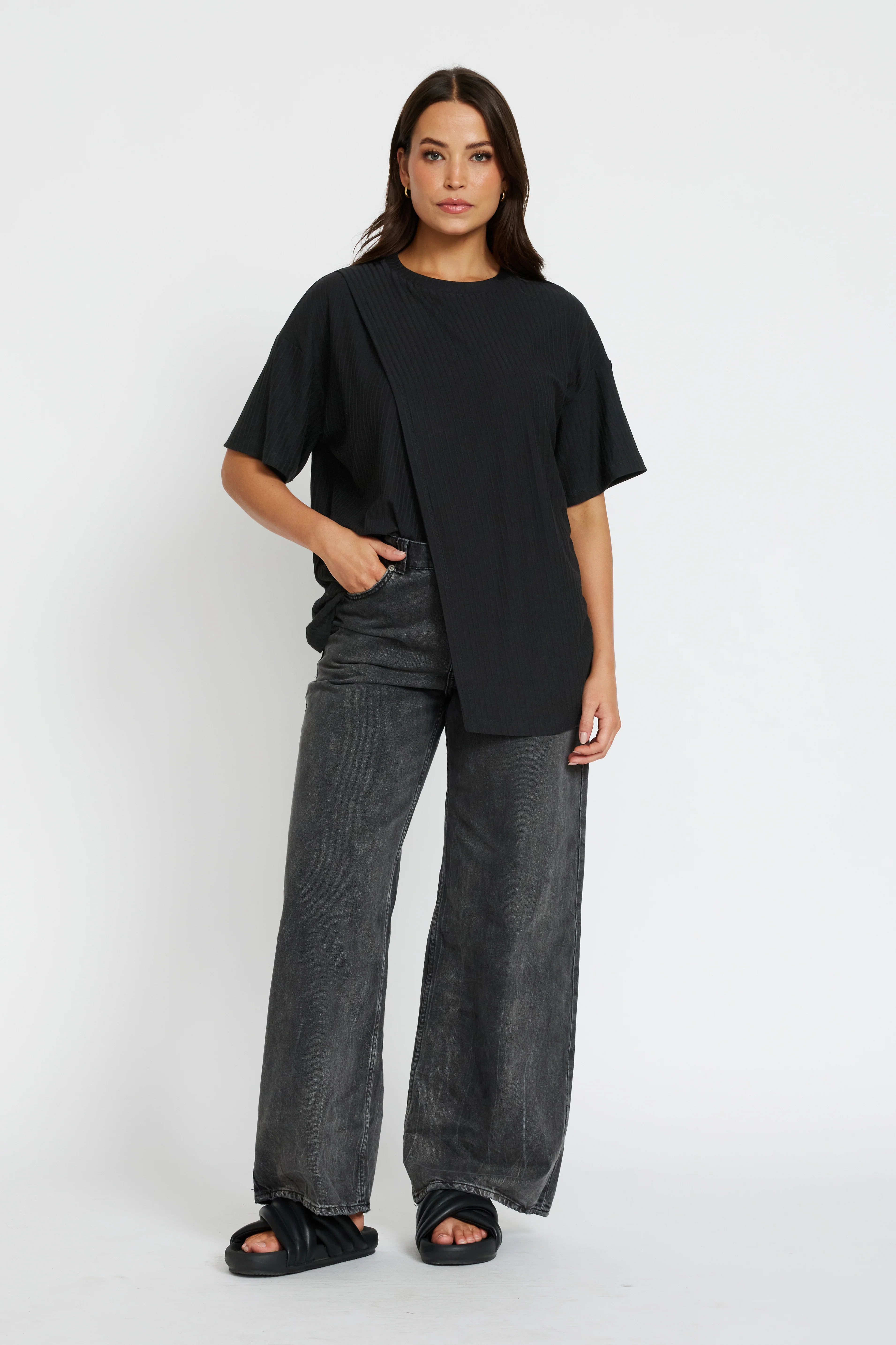 Ivy Ribbed Longline Wrap Tee - Black - Image 5