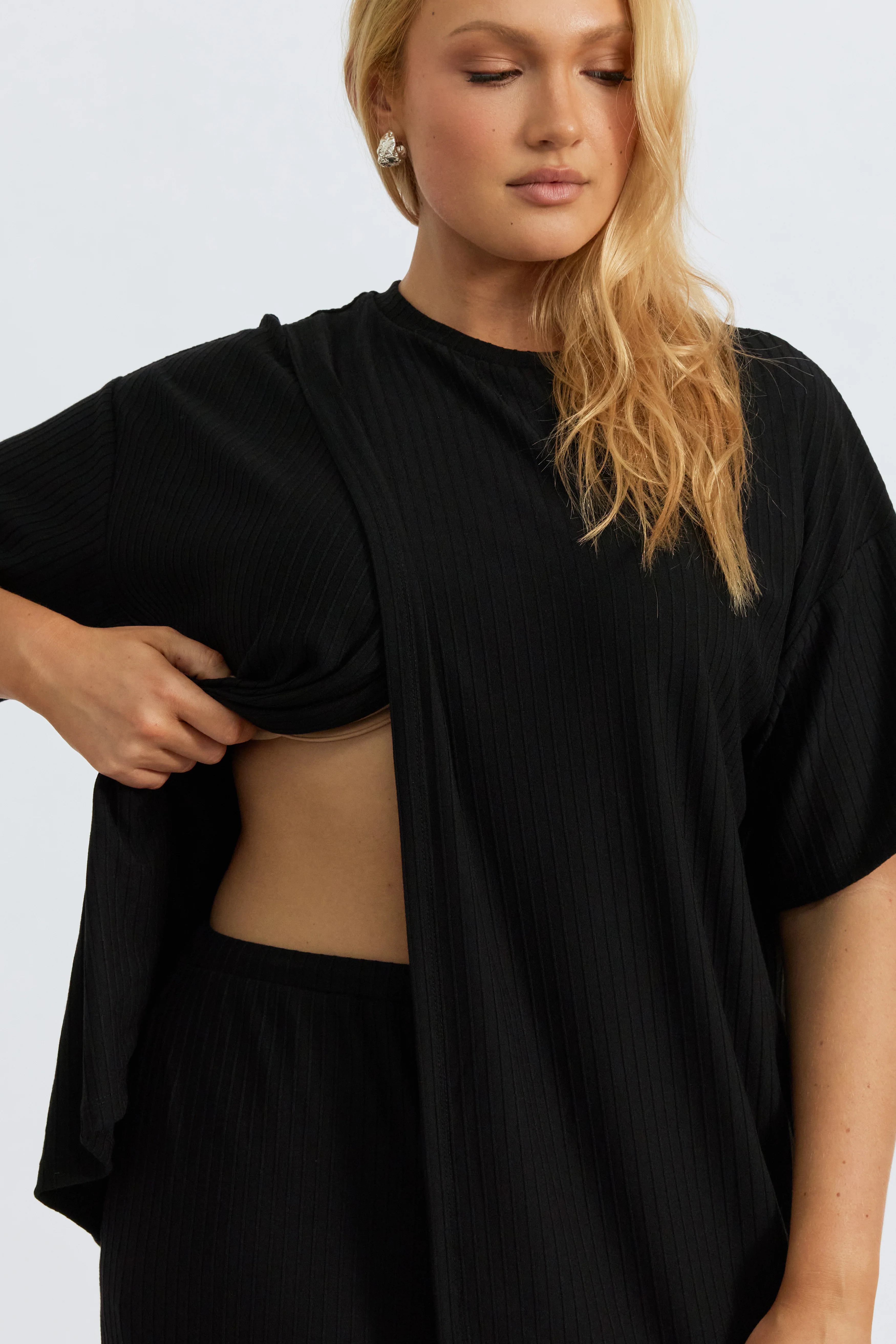 Ivy Ribbed Longline Wrap Tee - Black - Image 7