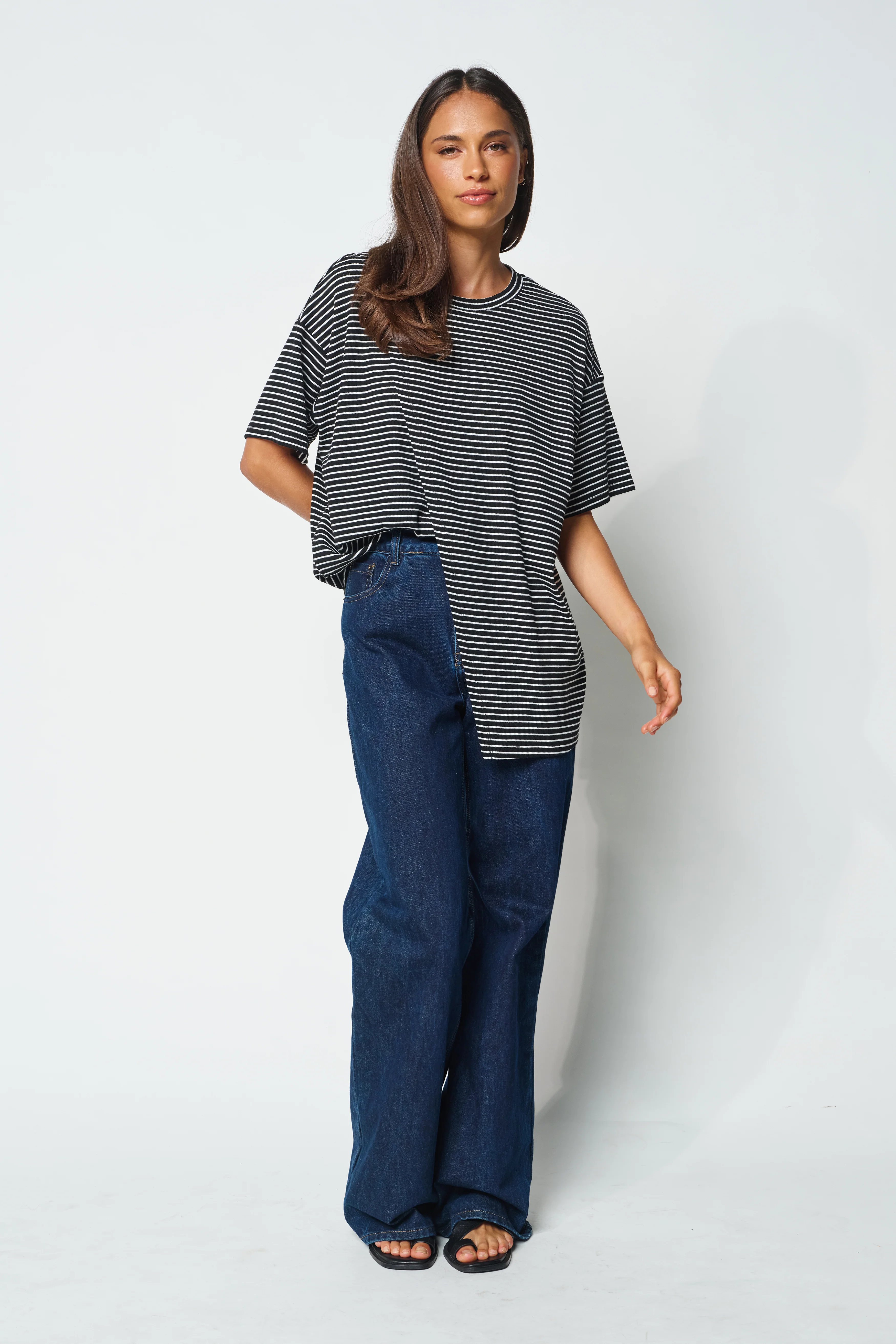 Ivy Stripe Longline Wrap Tee - Black / White - Image 10
