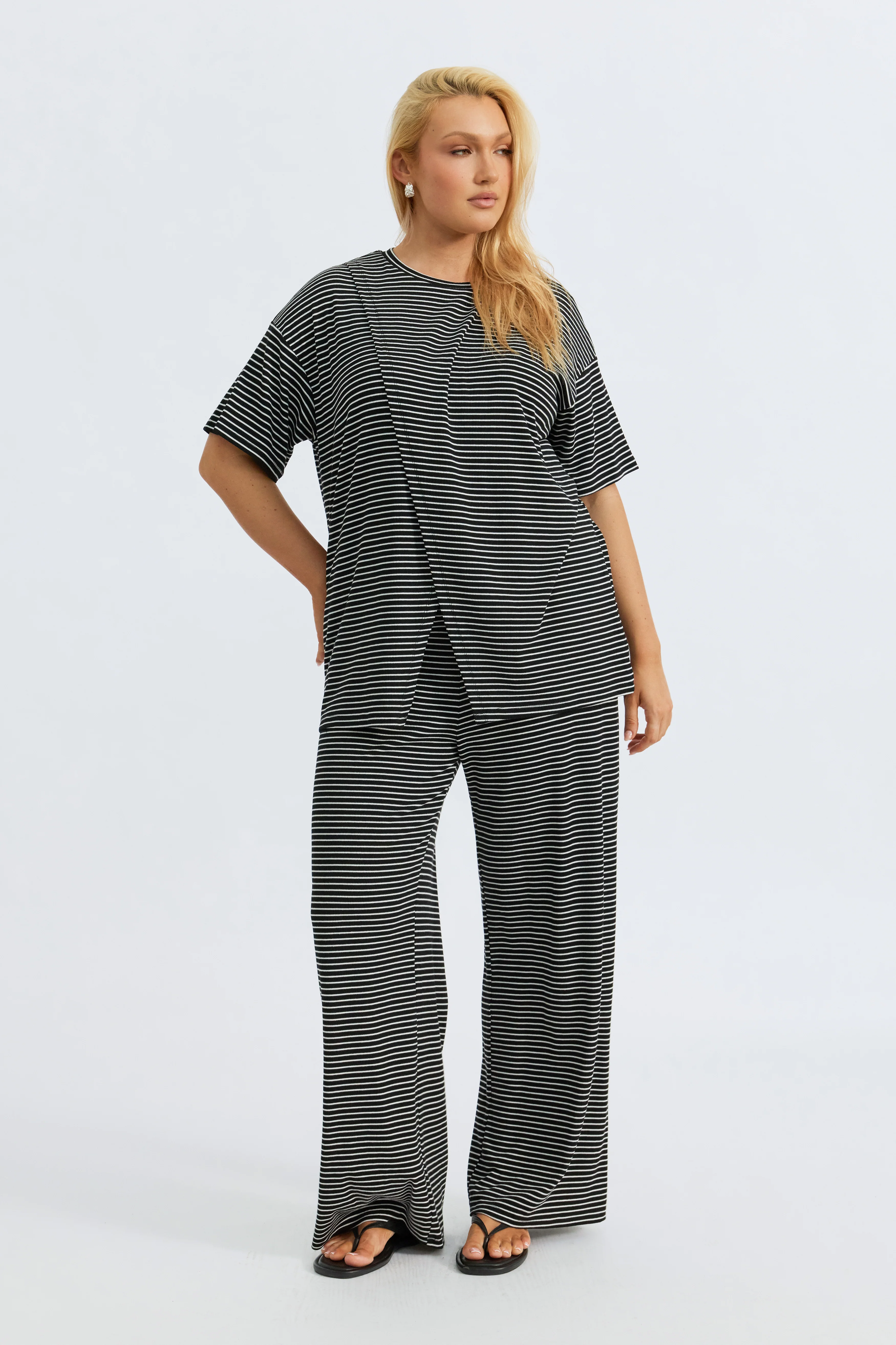 Ivy Stripe Longline Wrap Tee - Black / White - Image 11