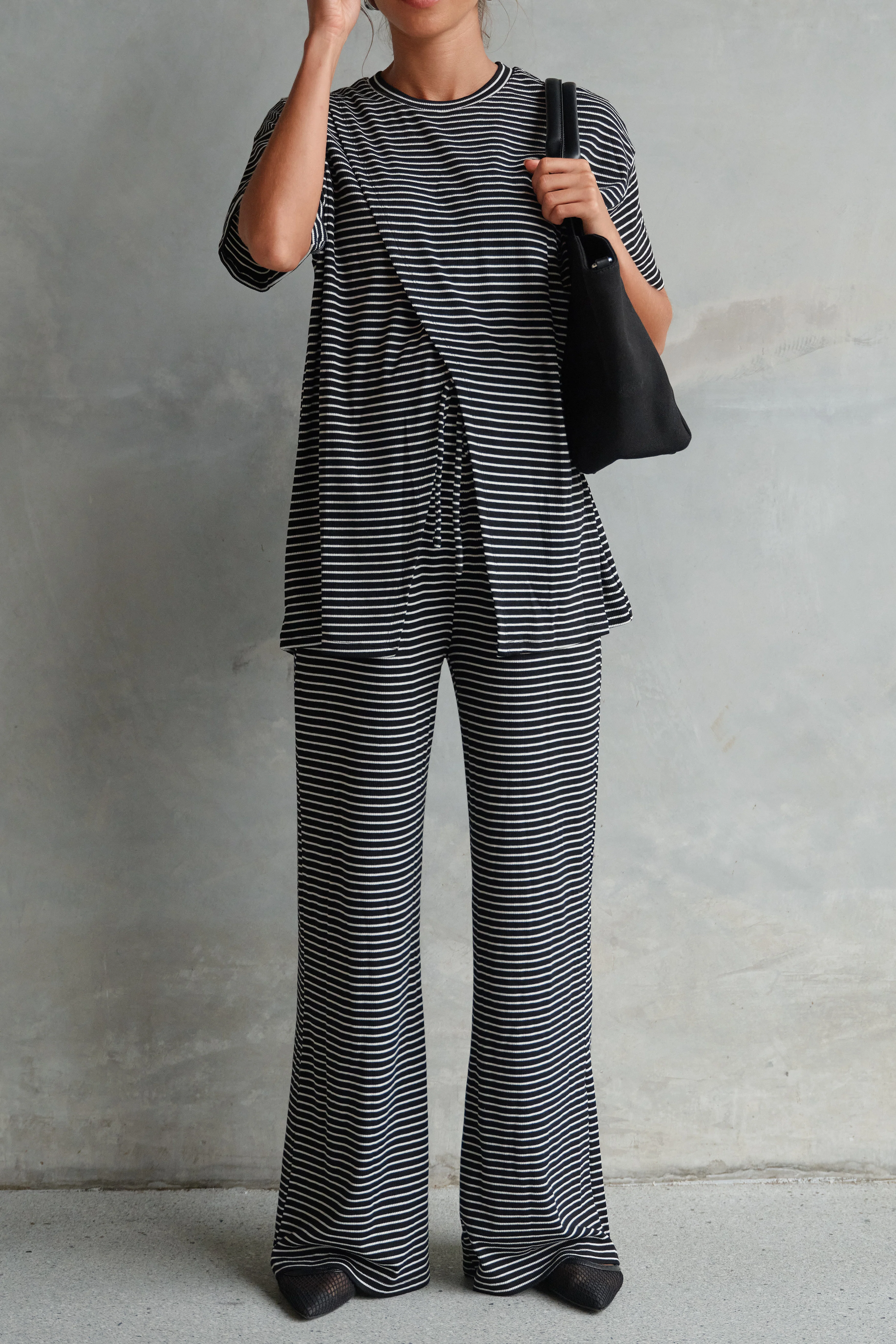 Ivy Stripe Longline Wrap Tee - Black / White - Image 12