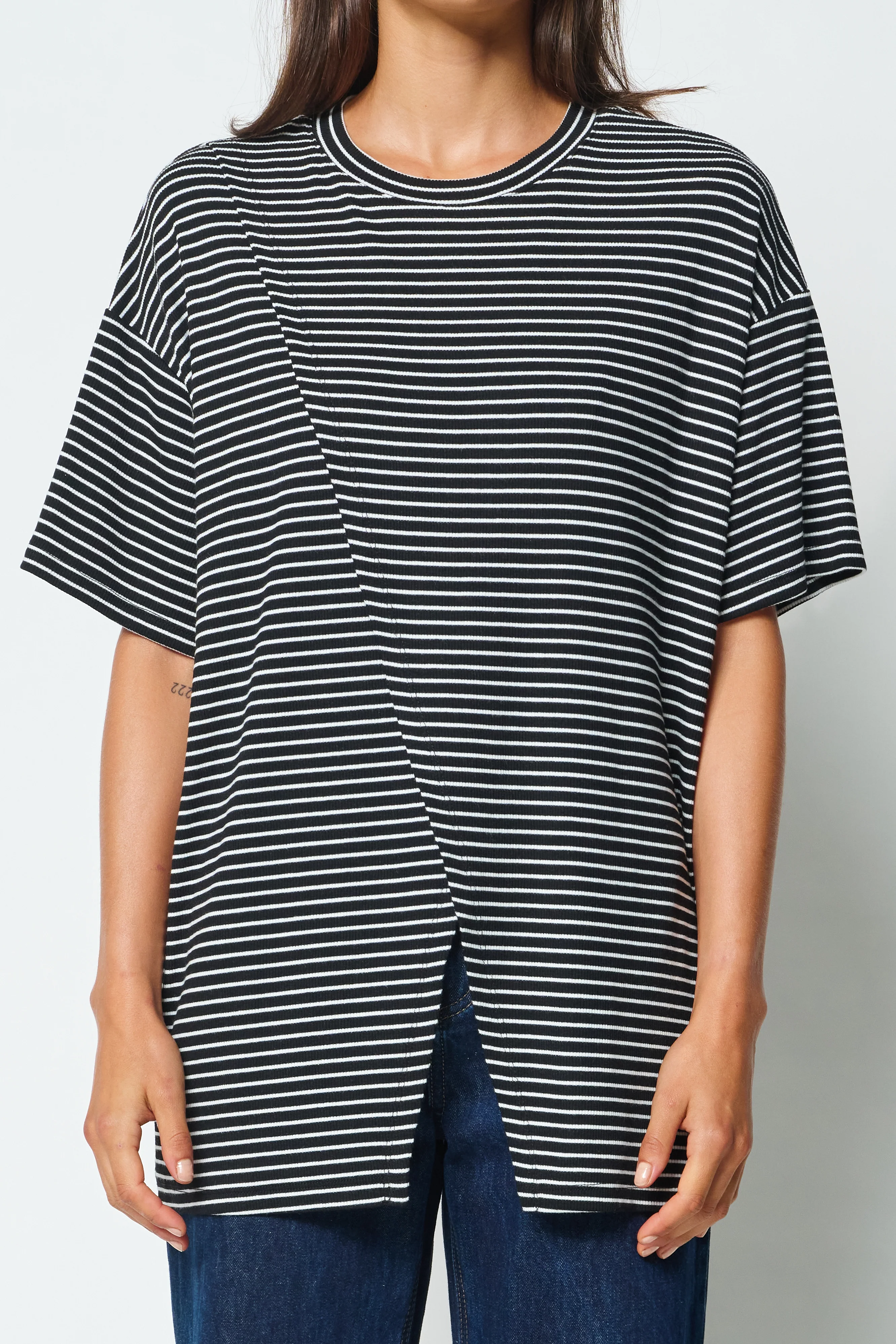 Ivy Stripe Longline Wrap Tee - Black / White - Image 4