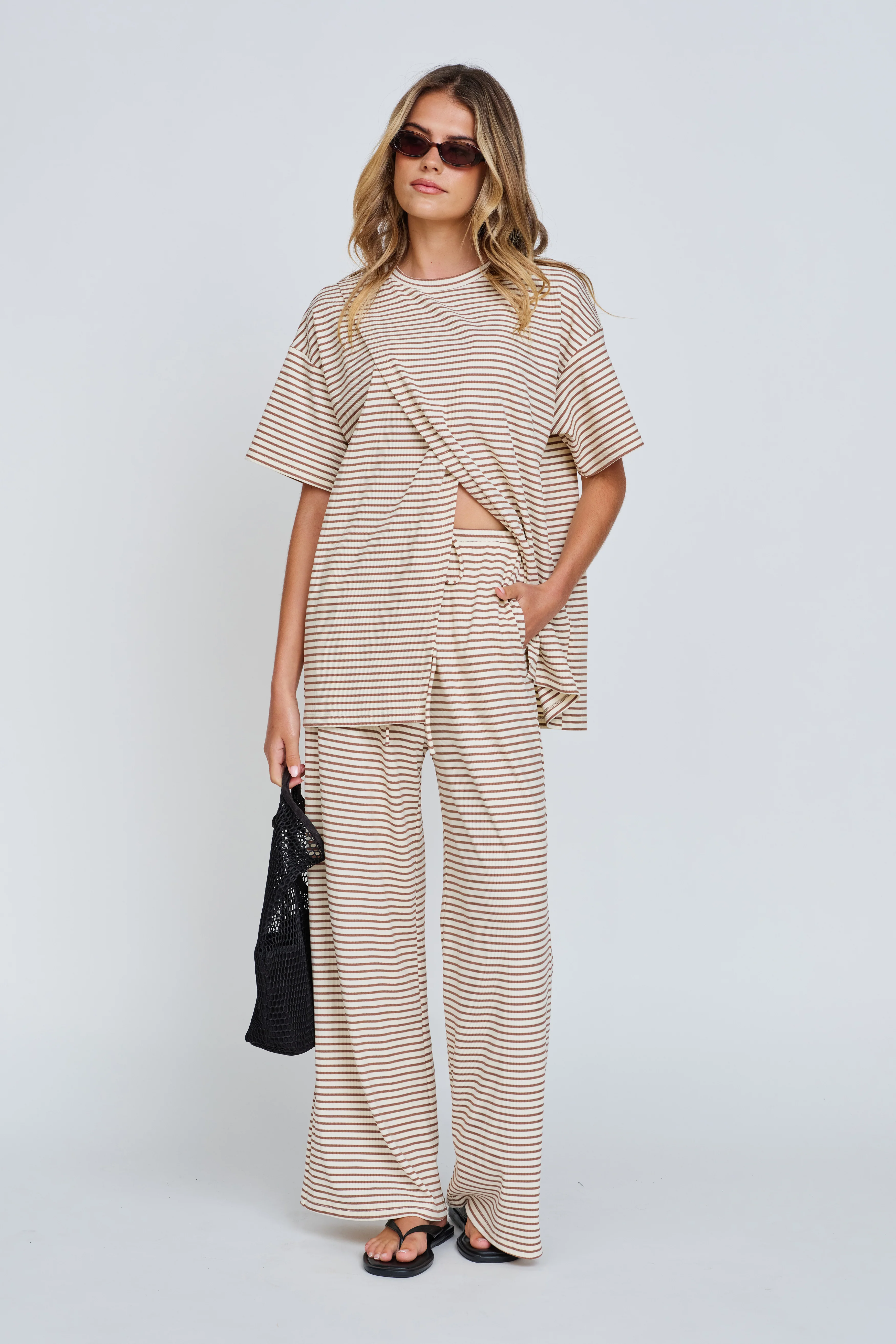 Ivy Stripe Longline Wrap Tee - Cream / Tan - Image 10