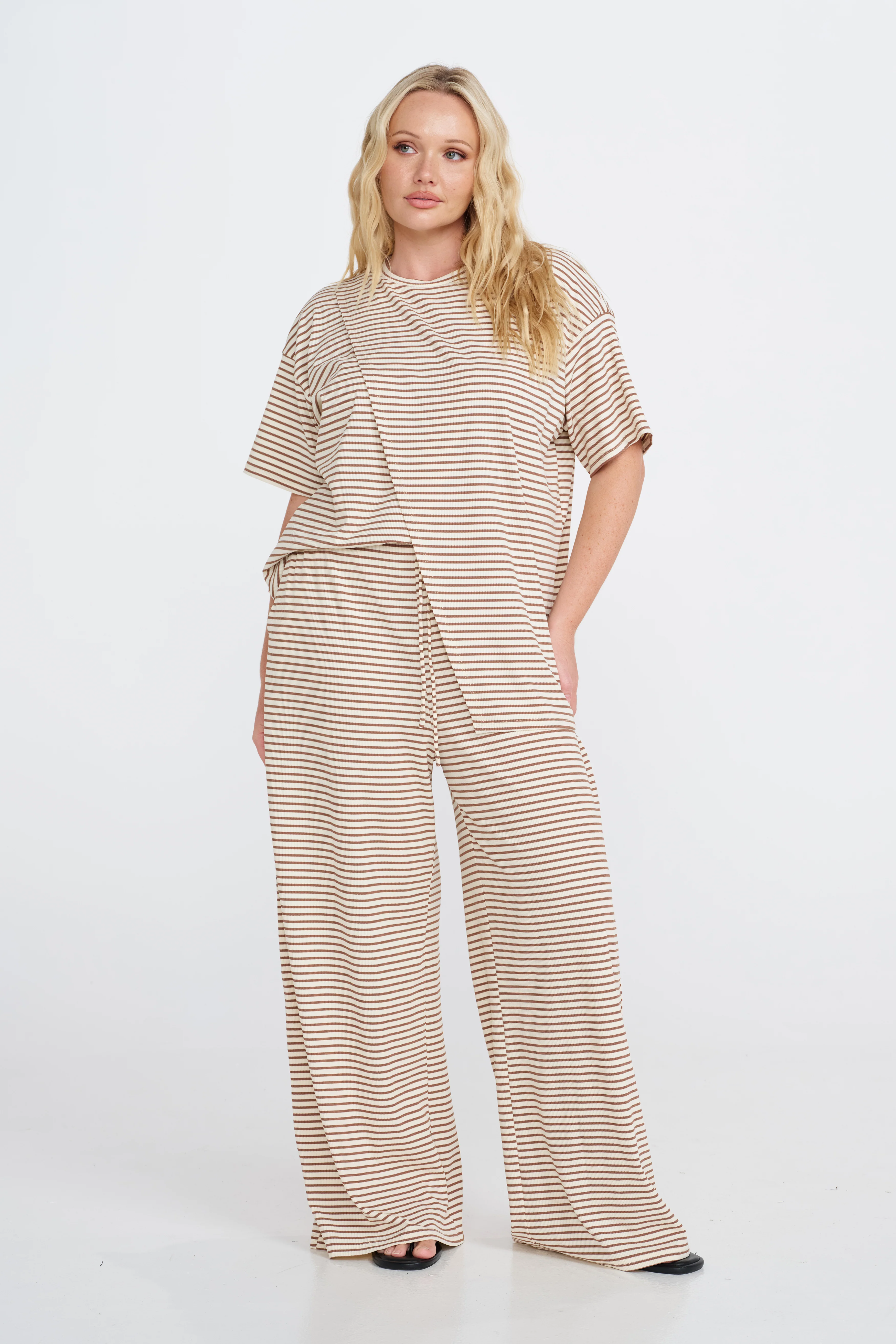 Ivy Stripe Longline Wrap Tee - Cream / Tan - Image 11