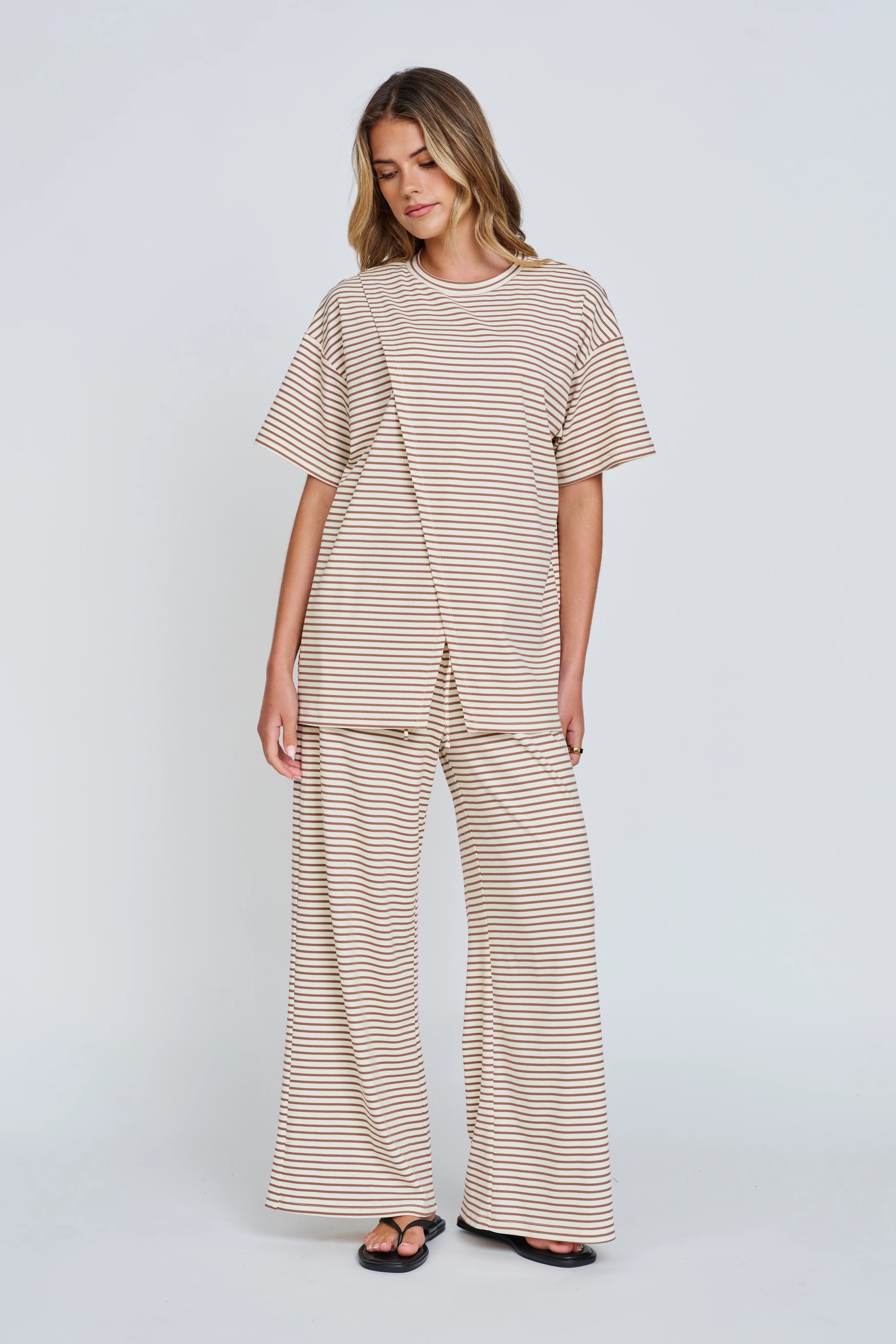 Ivy Stripe Longline Wrap Tee - Cream / Tan - Image 3