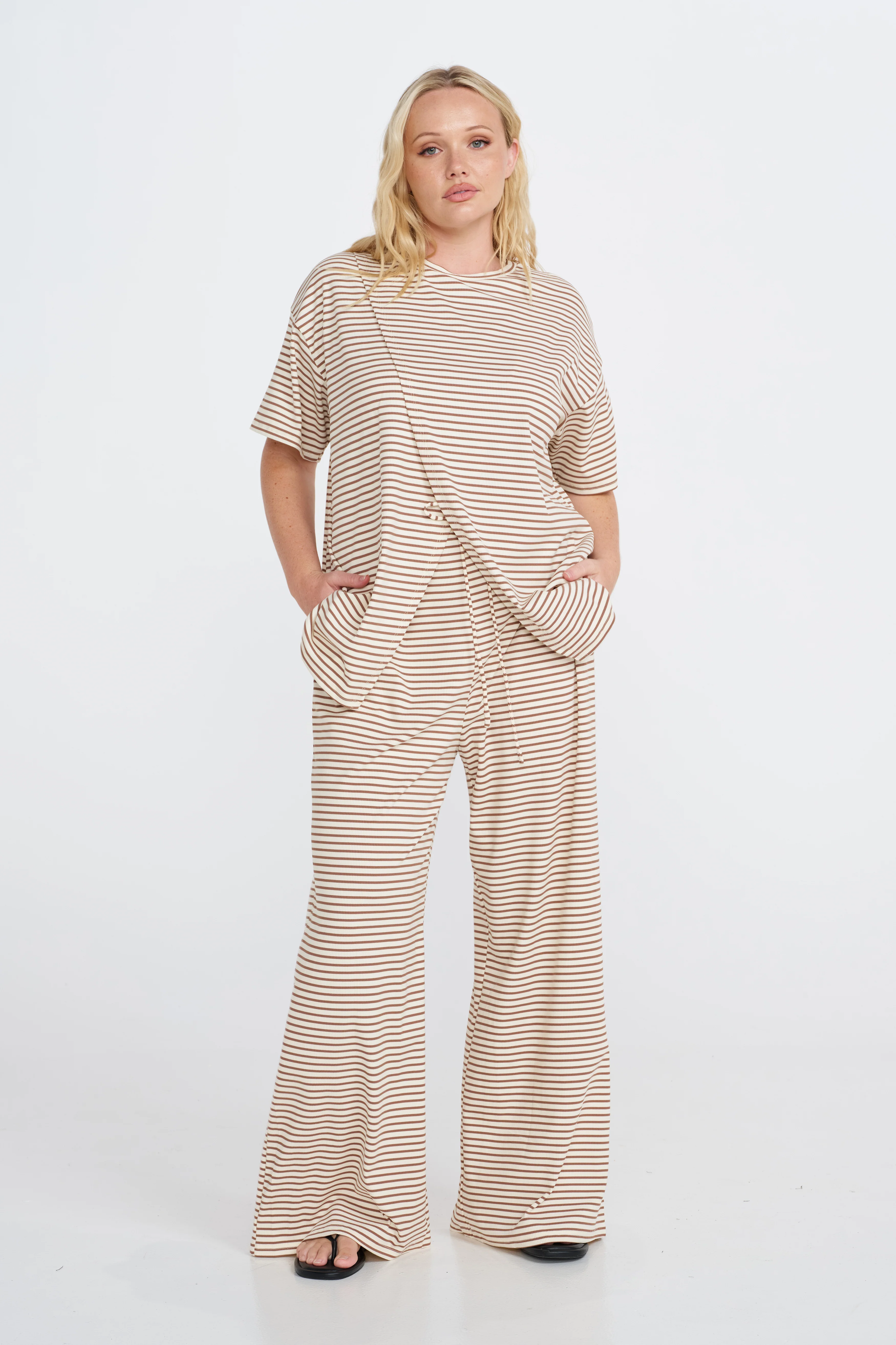 Ivy Stripe Longline Wrap Tee - Cream / Tan - Image 4