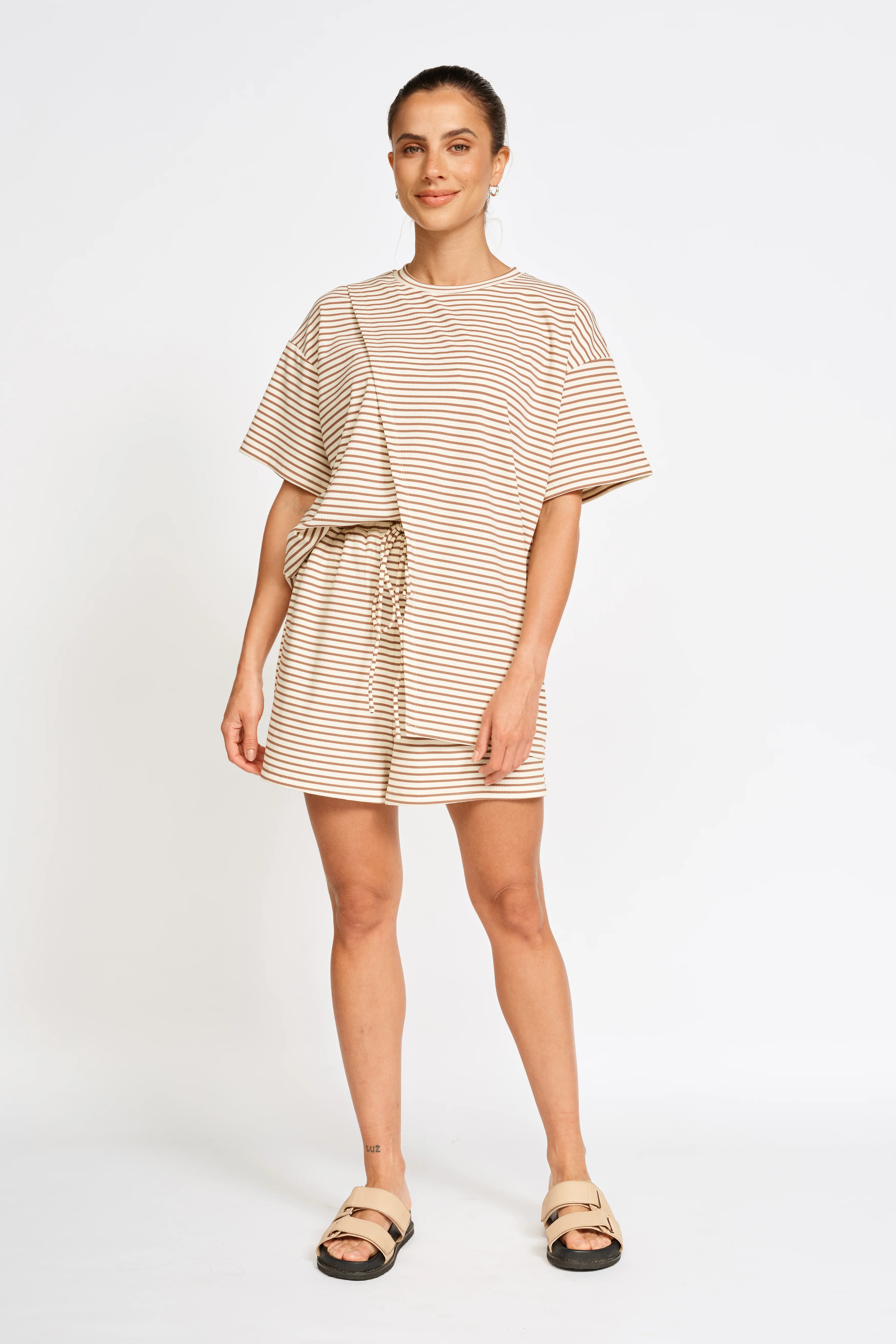 Ivy Stripe Longline Wrap Tee - Cream / Tan - Image 6