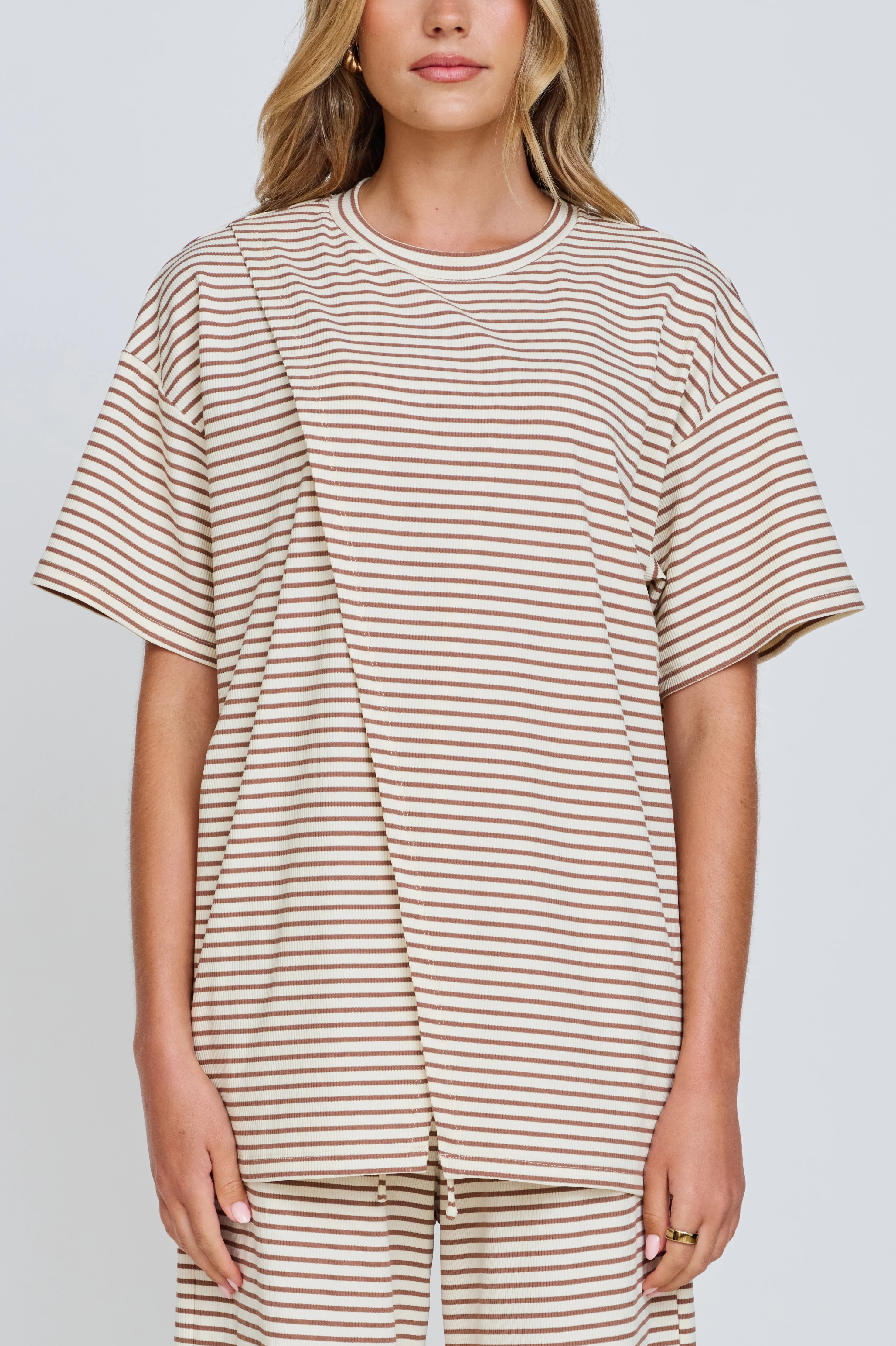 Ivy Stripe Longline Wrap Tee - Cream / Tan - Image 7