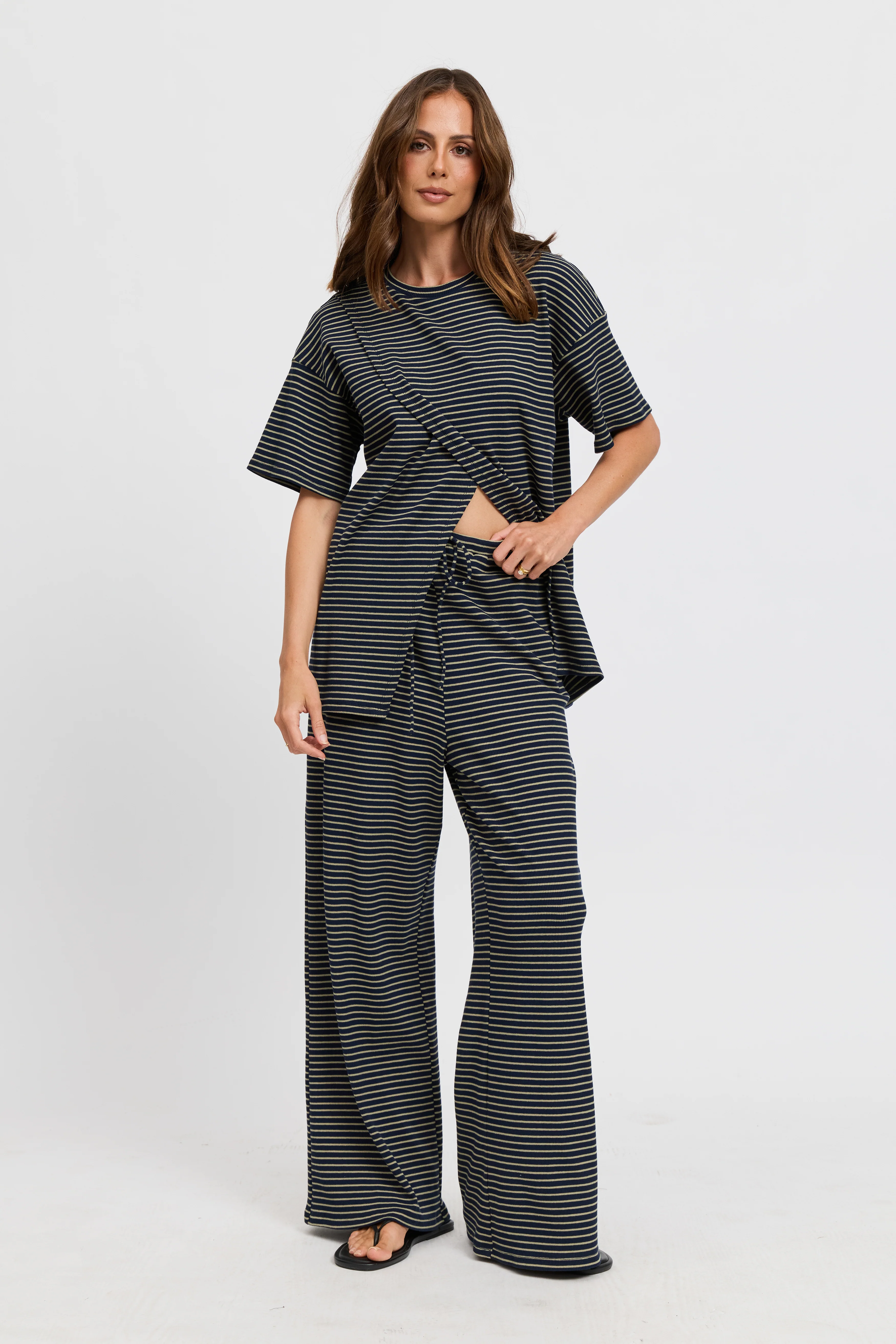 Ivy Stripe Longline Wrap Tee - Navy / Khaki