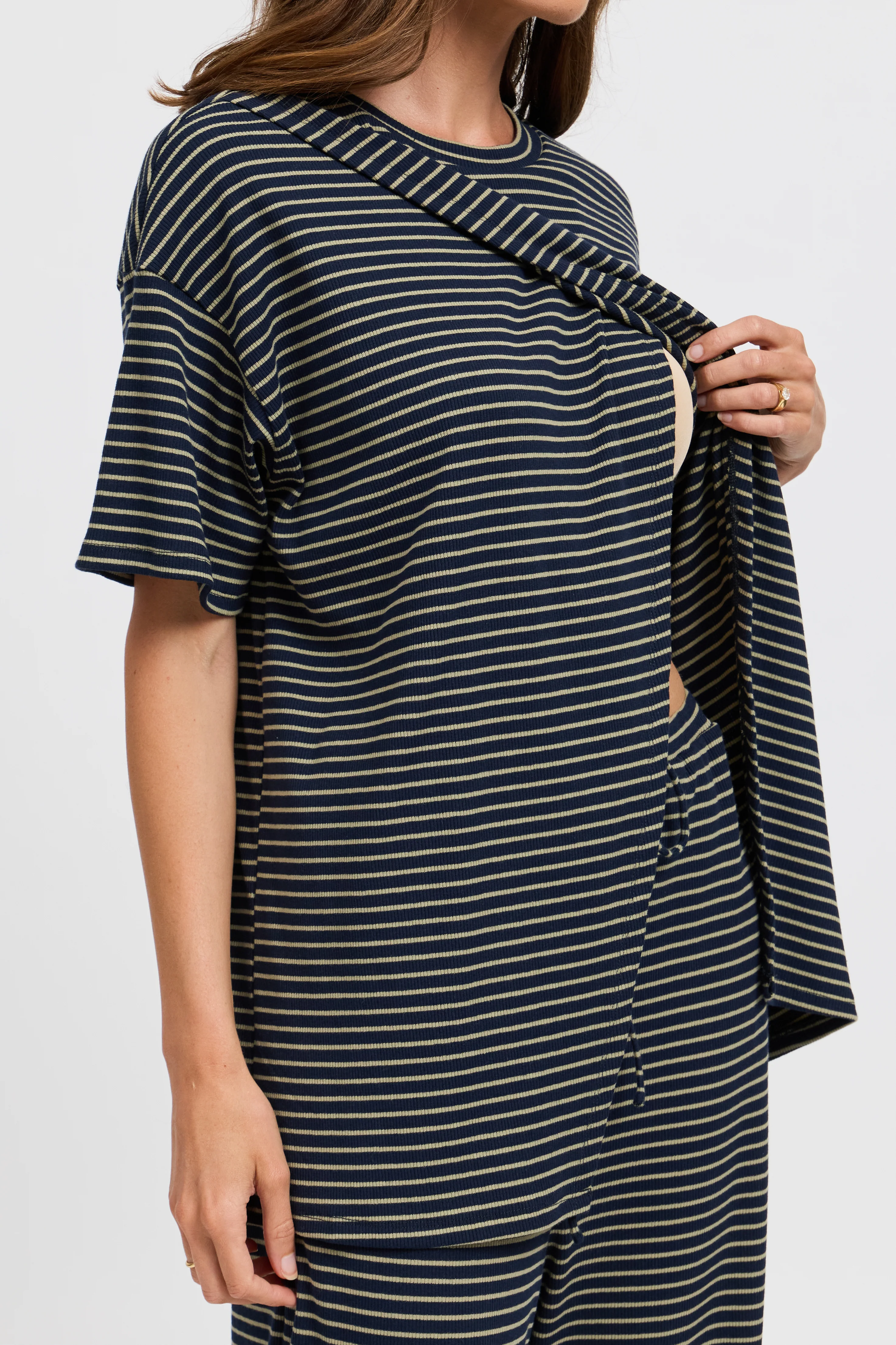 Ivy Stripe Longline Wrap Tee - Navy / Khaki - Image 2