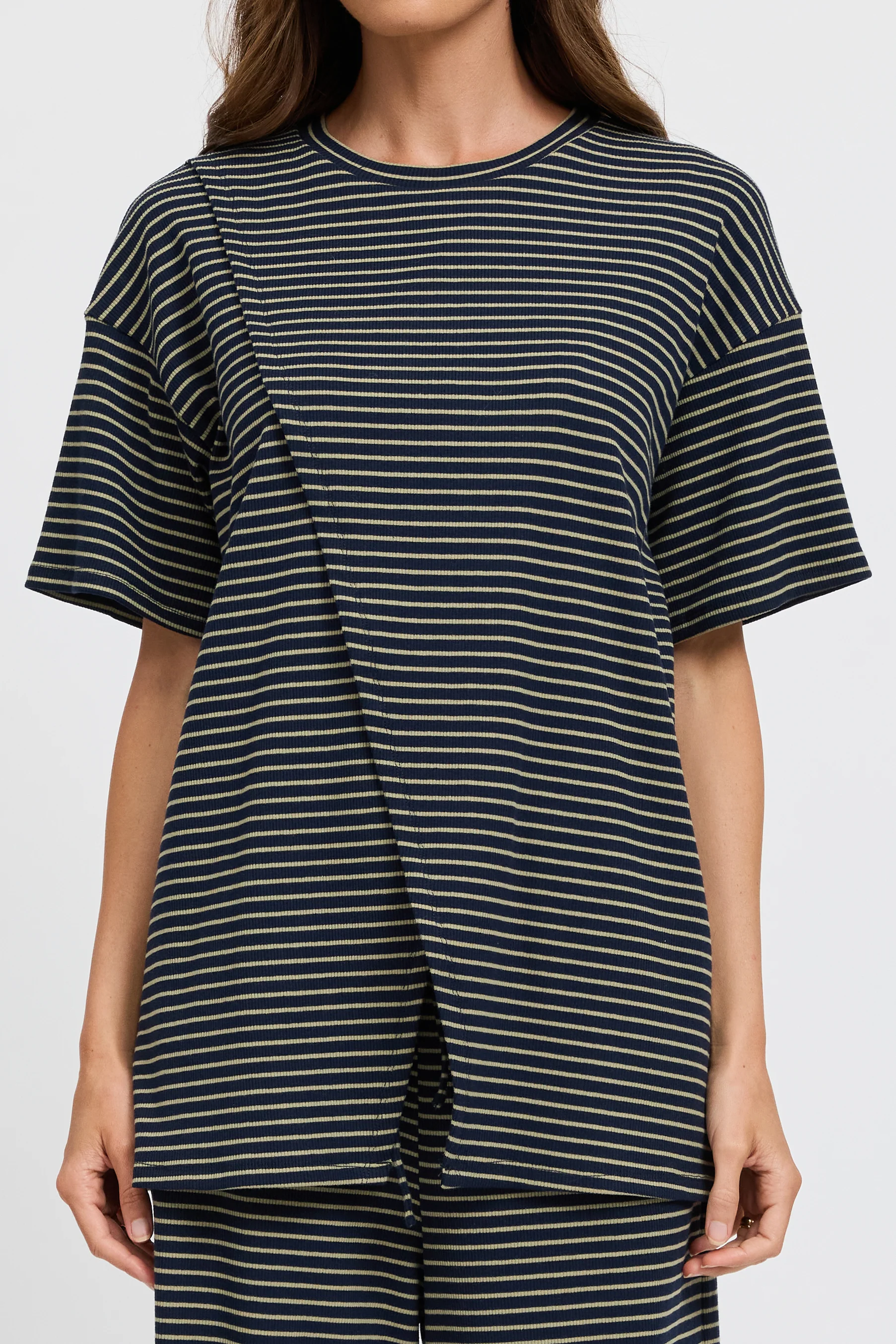 Ivy Stripe Longline Wrap Tee - Navy / Khaki - Image 3