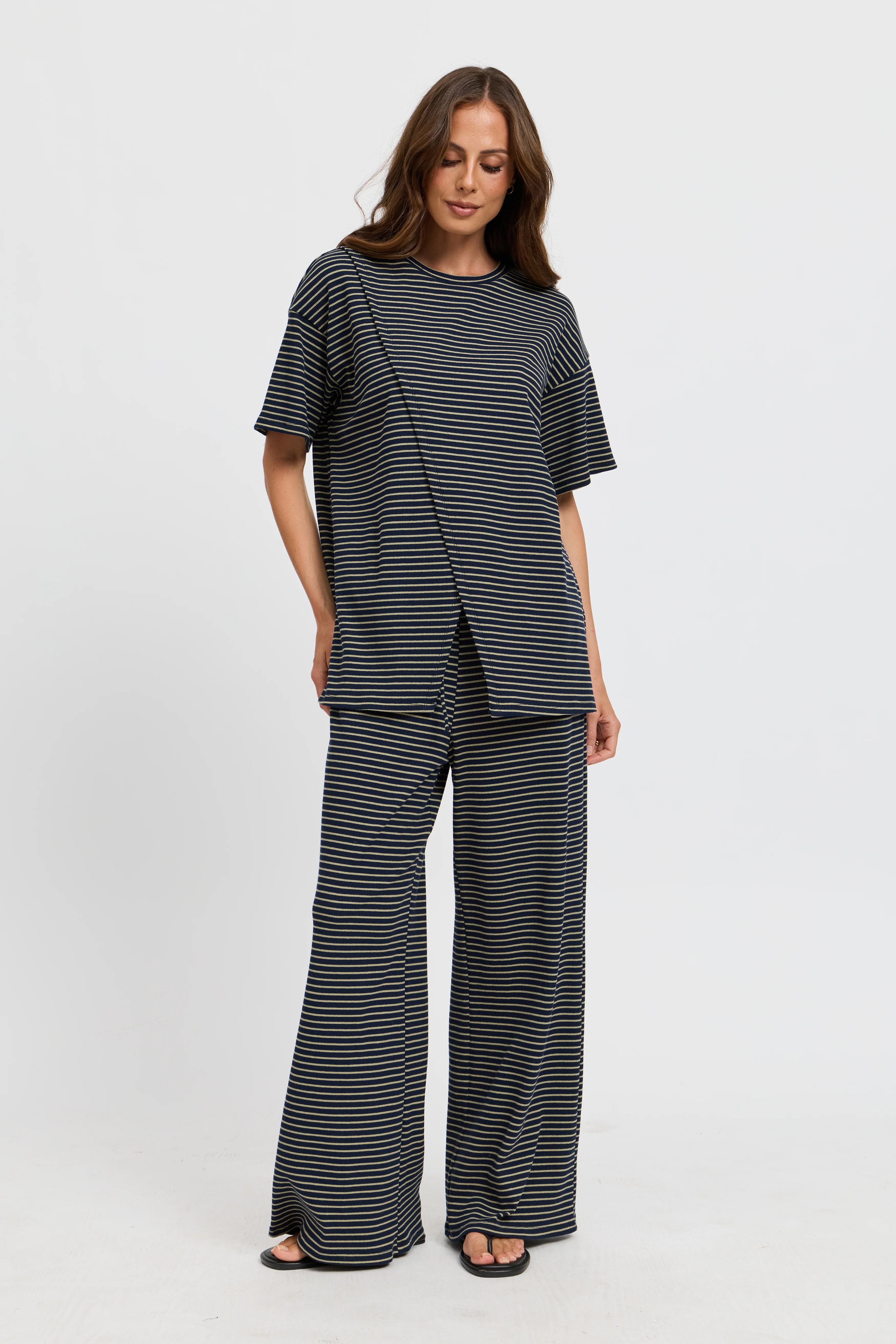 Ivy Stripe Longline Wrap Tee - Navy / Khaki - Image 4