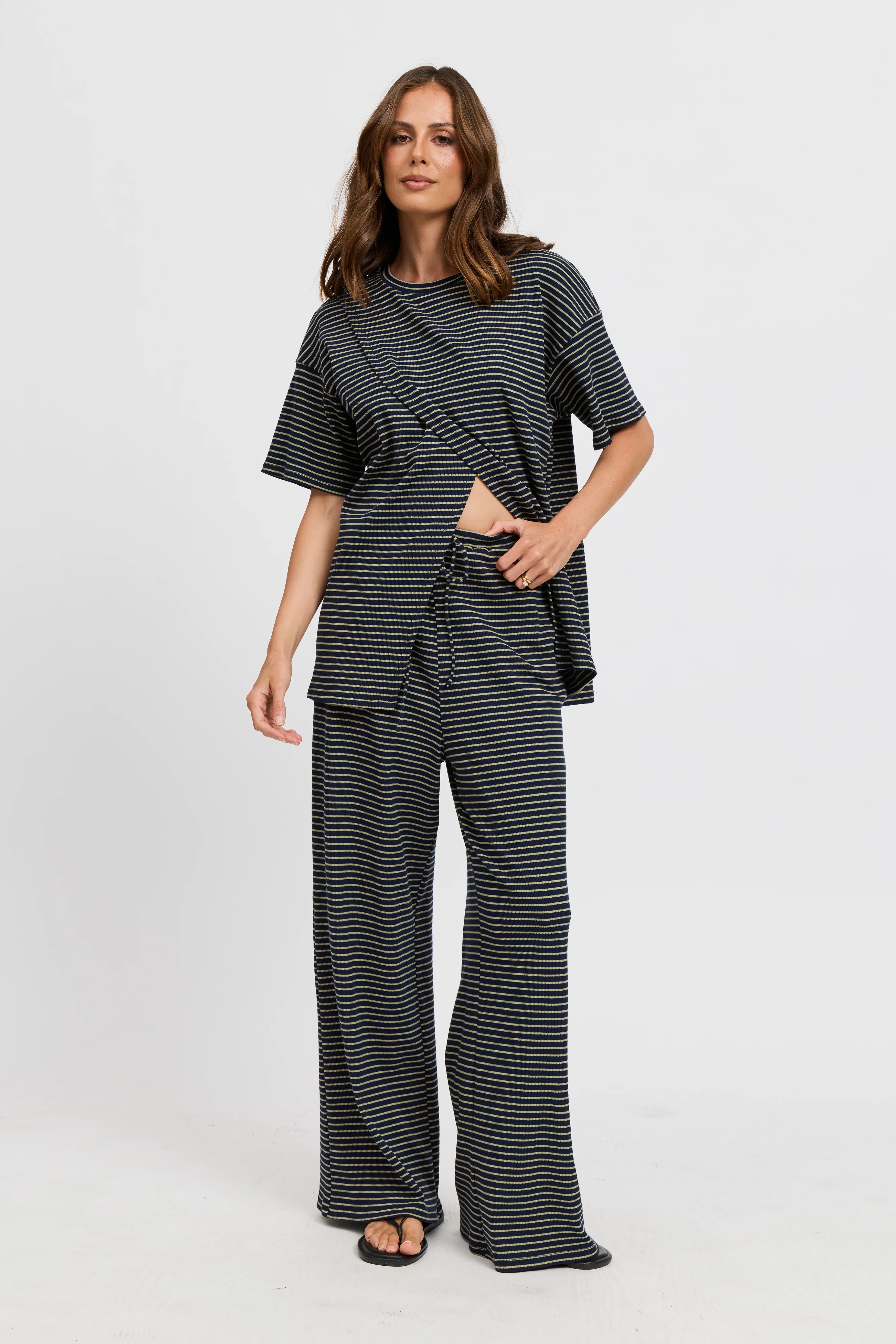 Ivy Stripe Longline Wrap Tee - Navy / Khaki - Image 5