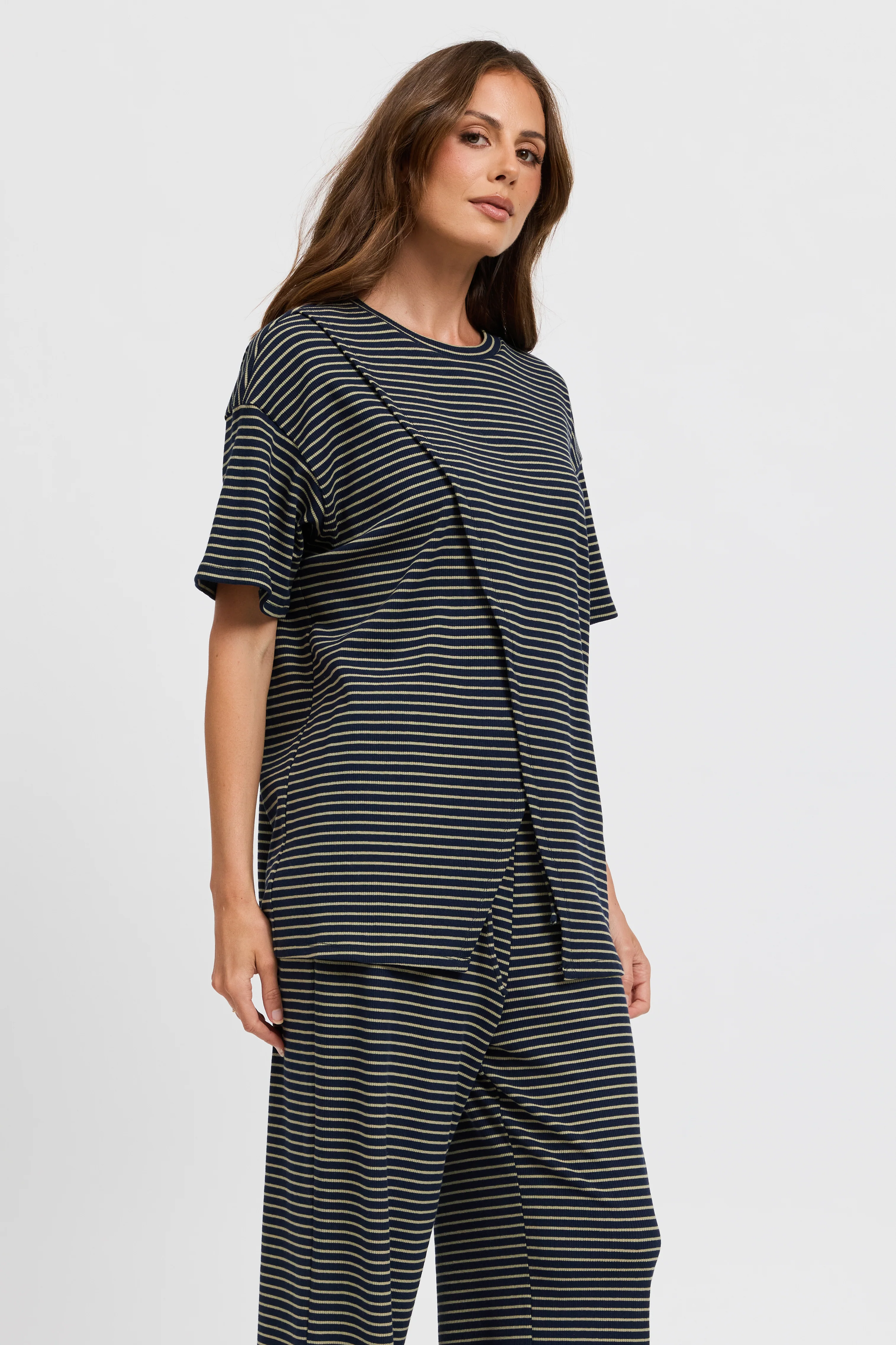 Ivy Stripe Longline Wrap Tee - Navy / Khaki - Image 6