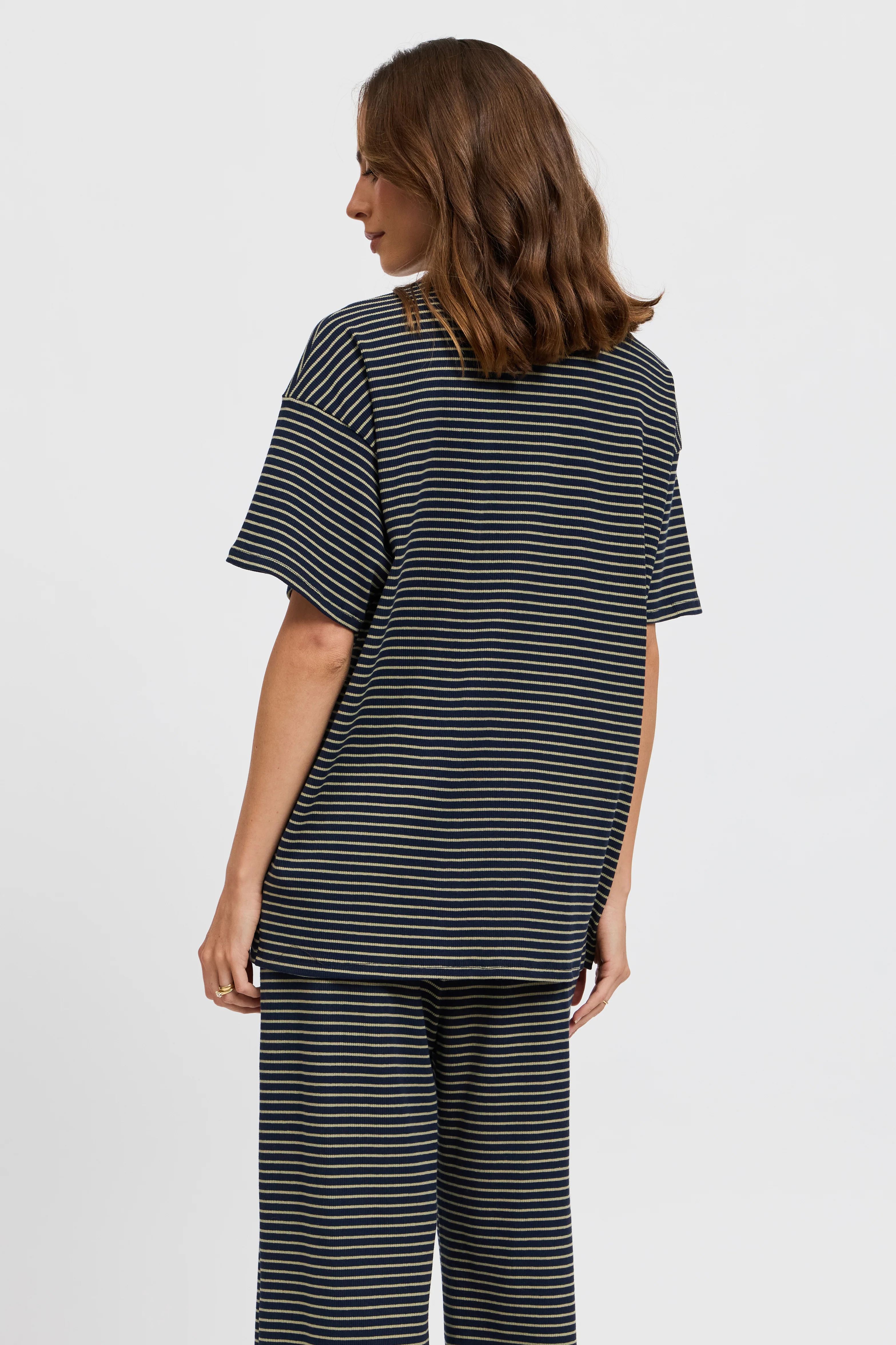 Ivy Stripe Longline Wrap Tee - Navy / Khaki - Image 7