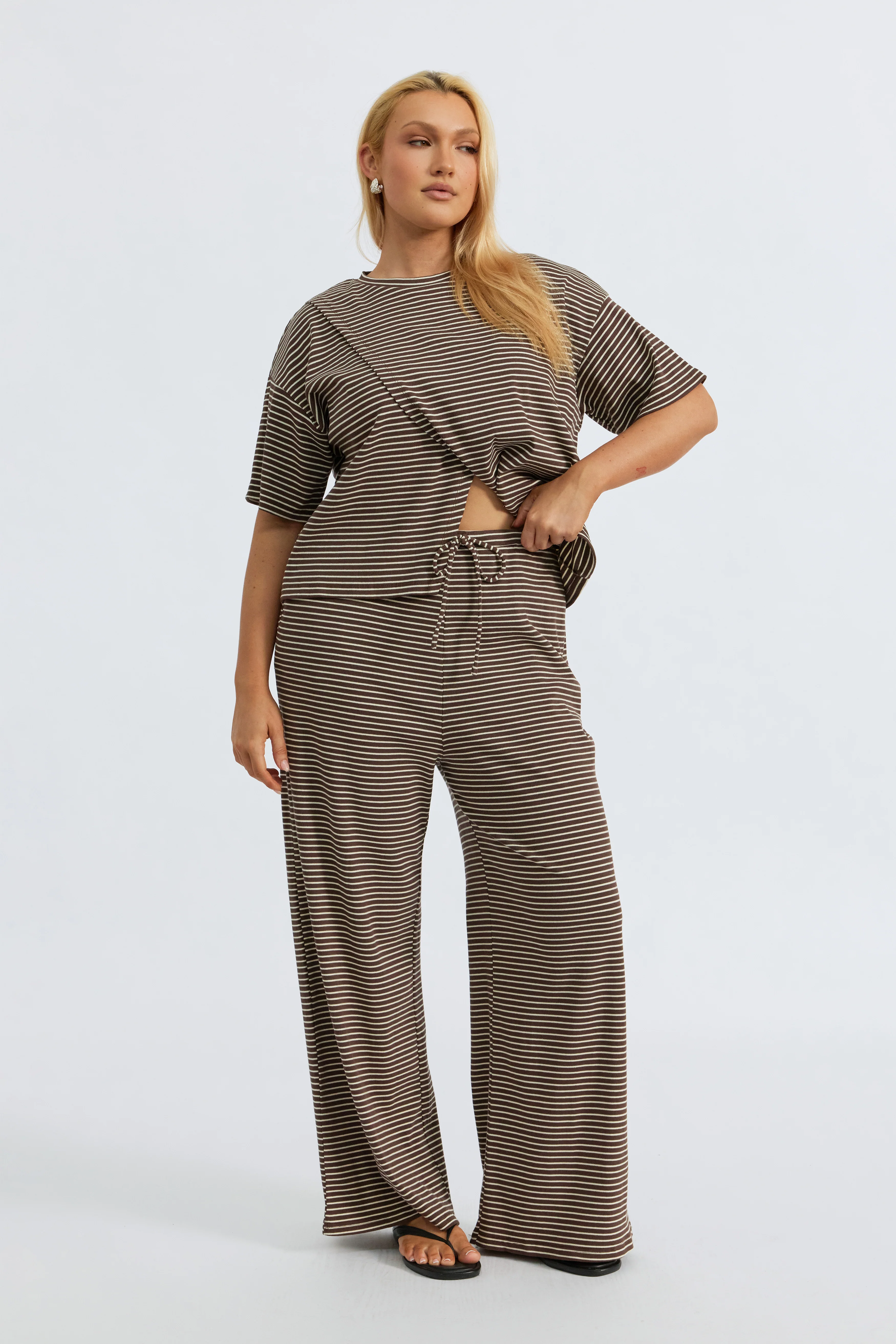 Ivy Stripe Wide Leg Pants - Chocolate / White - Image 4