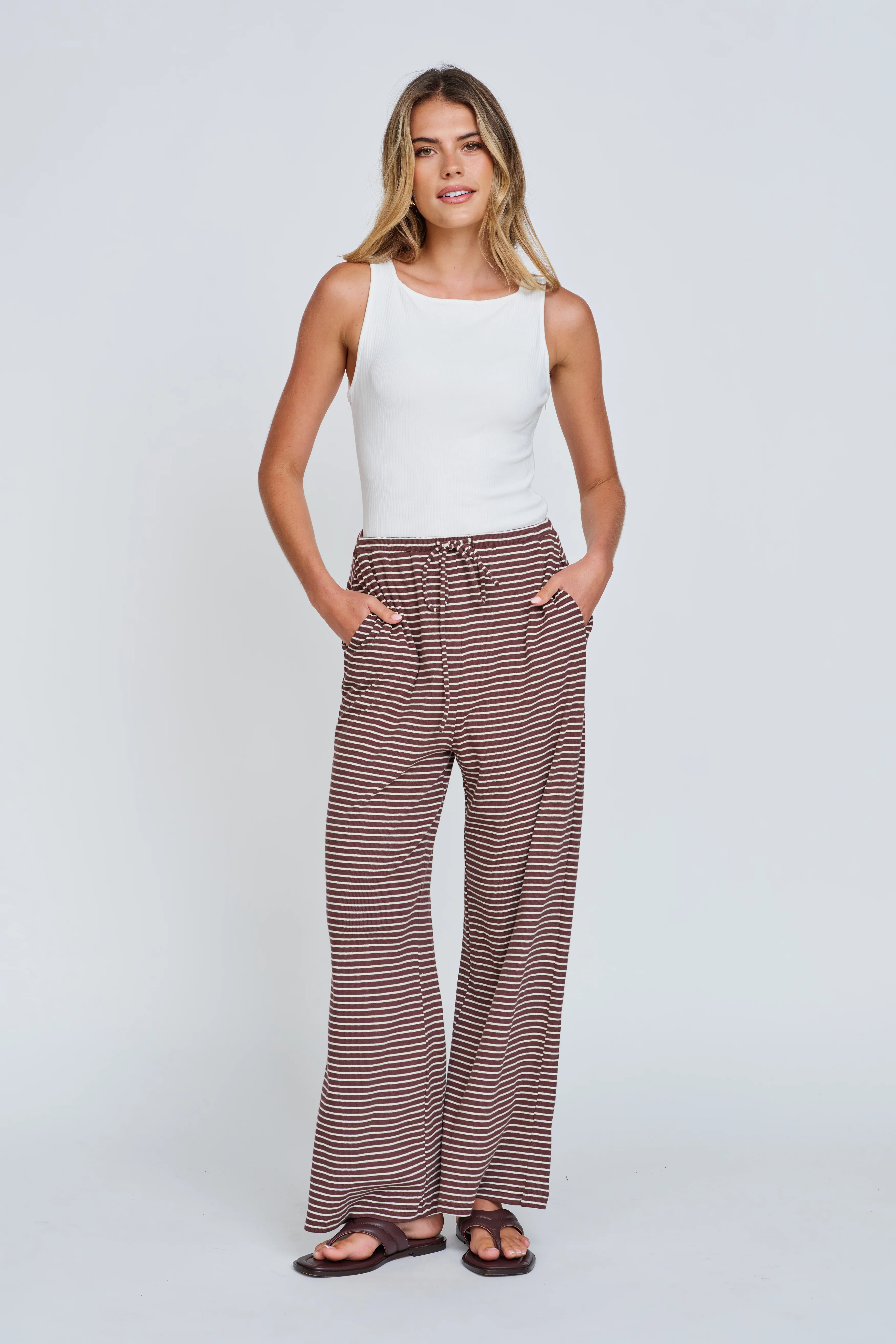 Ivy Stripe Wide Leg Pants - Chocolate / White - Image 5