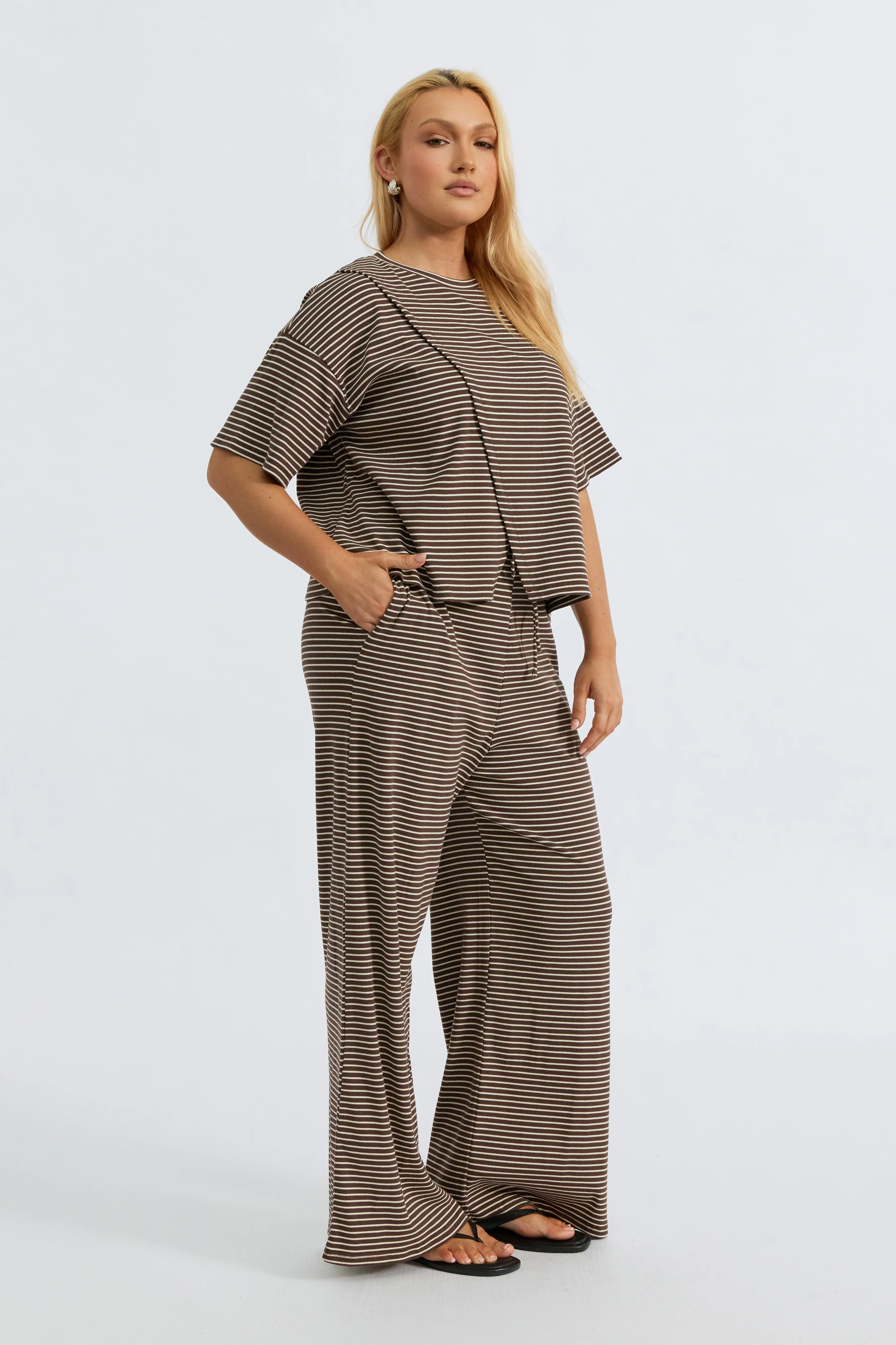 Ivy Stripe Wide Leg Pants - Chocolate / White - Image 7
