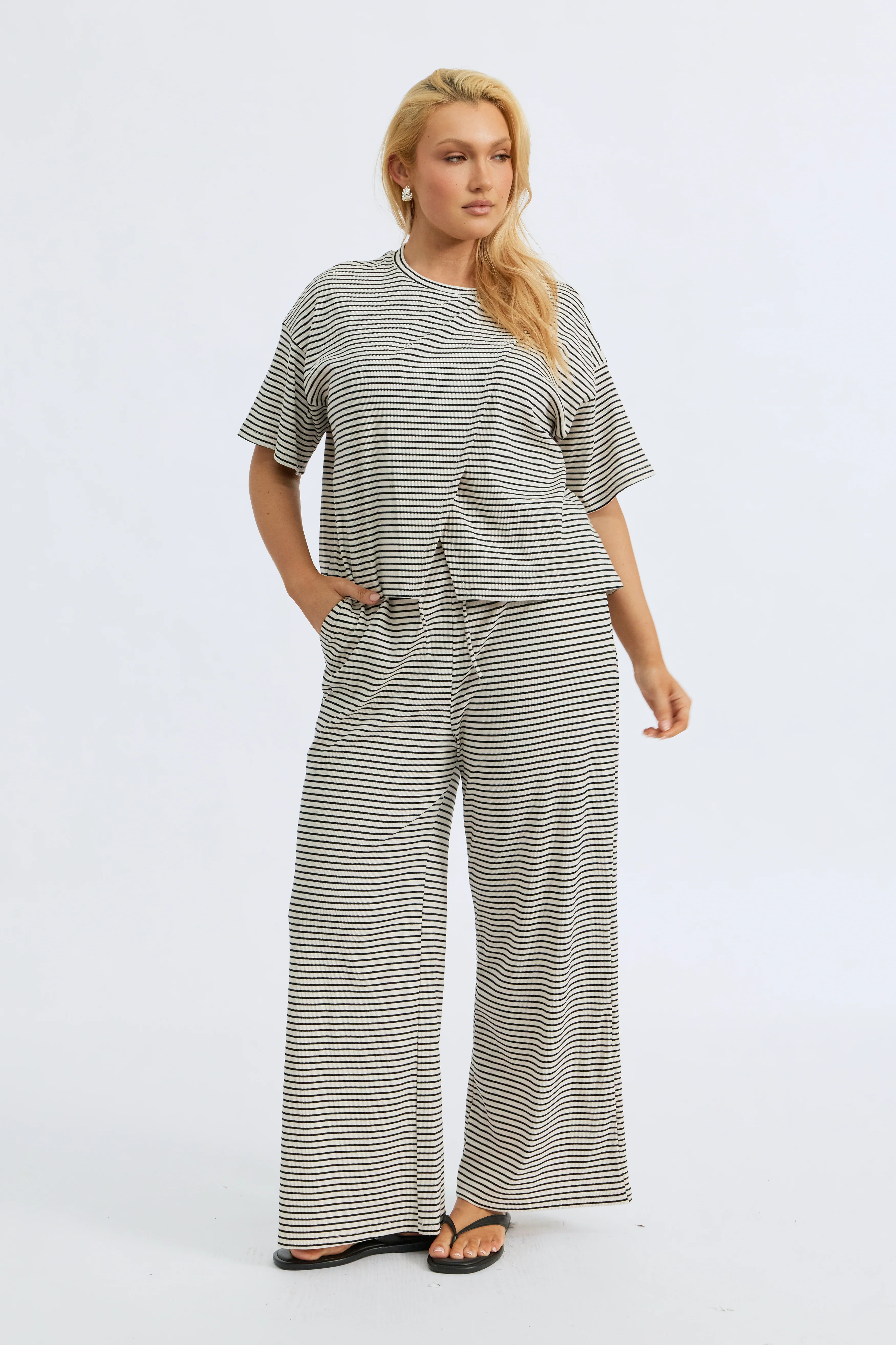 Ivy Stripe Wide Leg Pants - Cream Marle / Black - Image 4