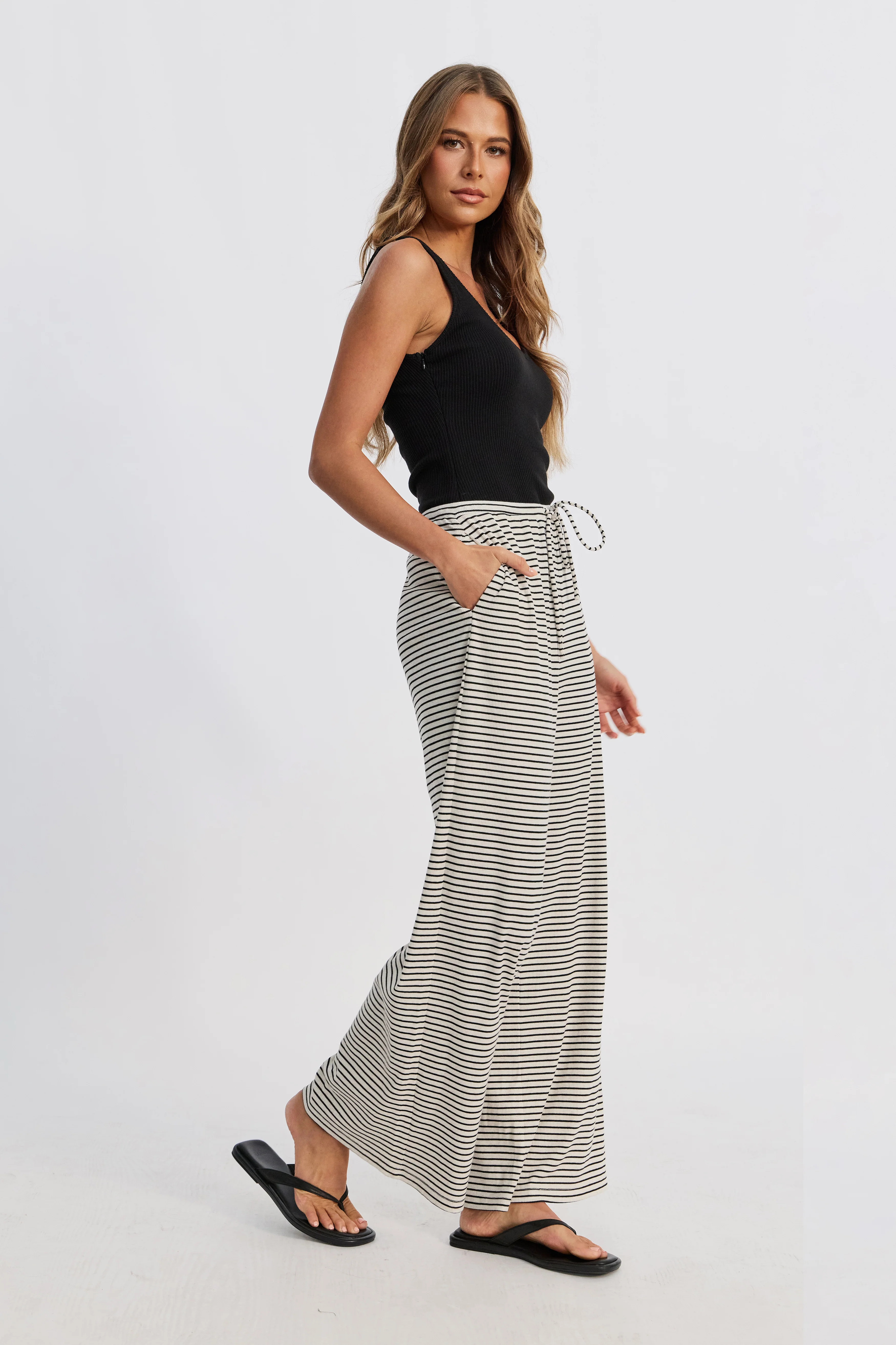 Ivy Stripe Wide Leg Pants - Cream Marle / Black - Image 8