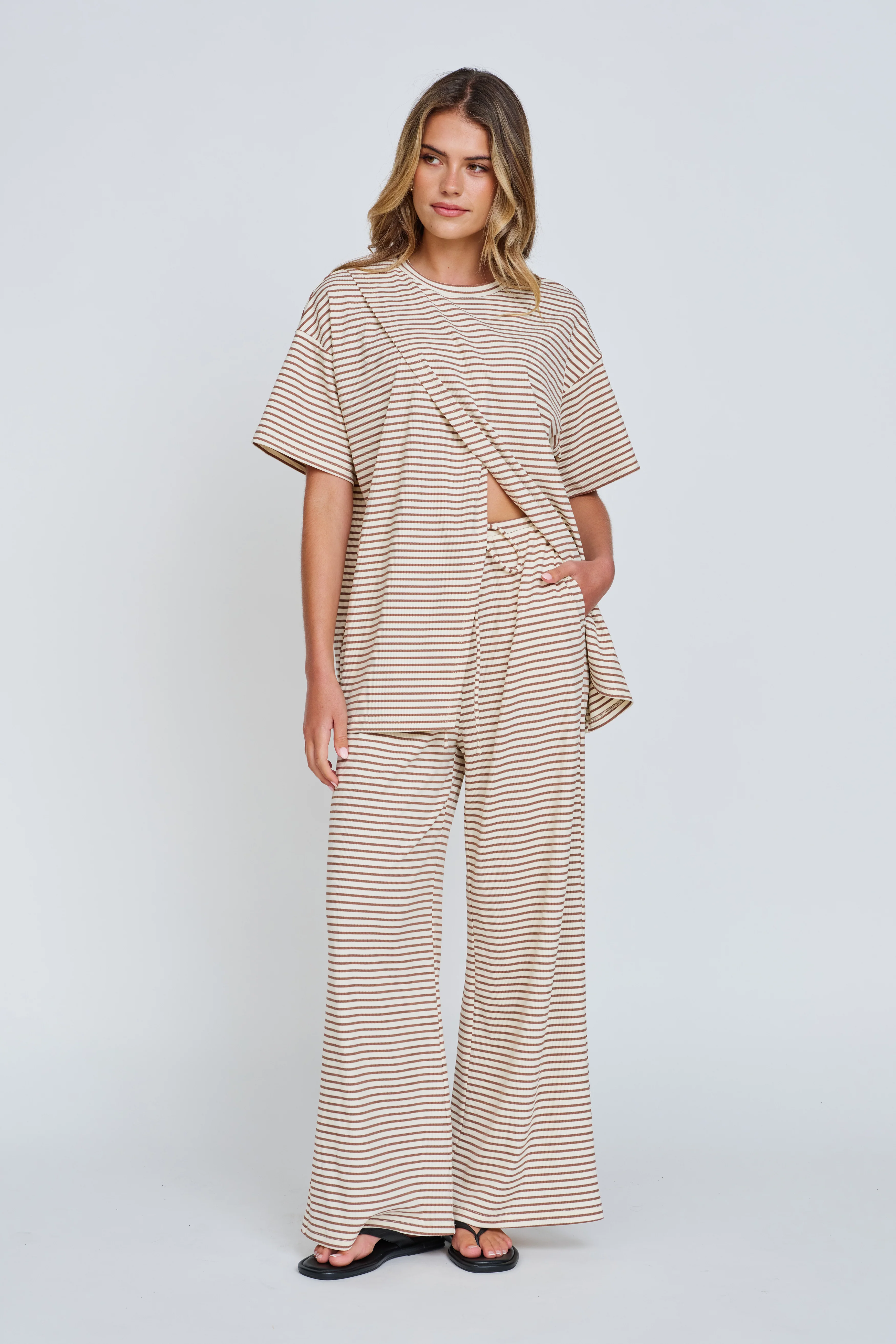 Ivy Stripe Wide Leg Pants - Cream / Tan - Image 3