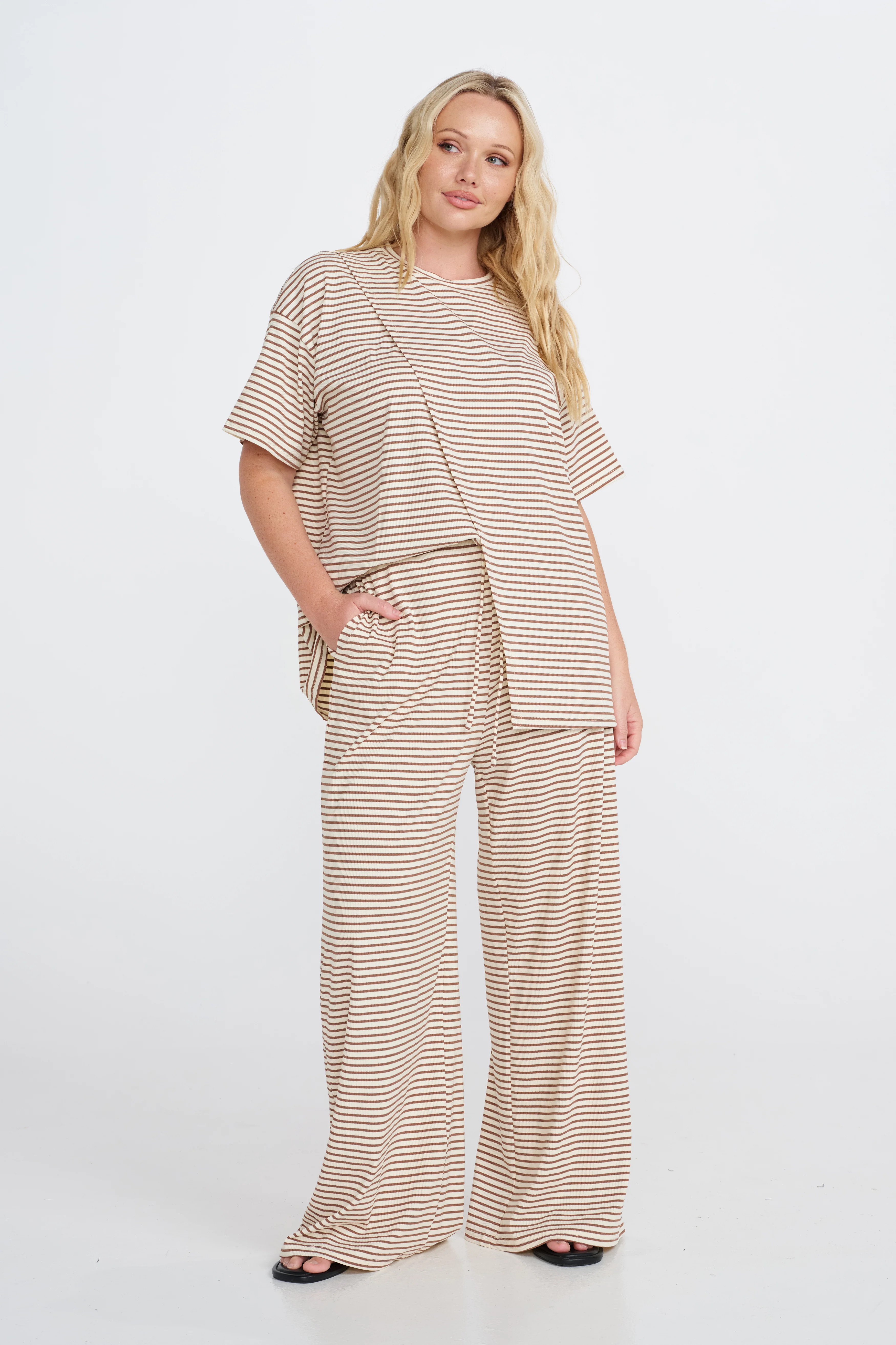 Ivy Stripe Wide Leg Pants - Cream / Tan - Image 4
