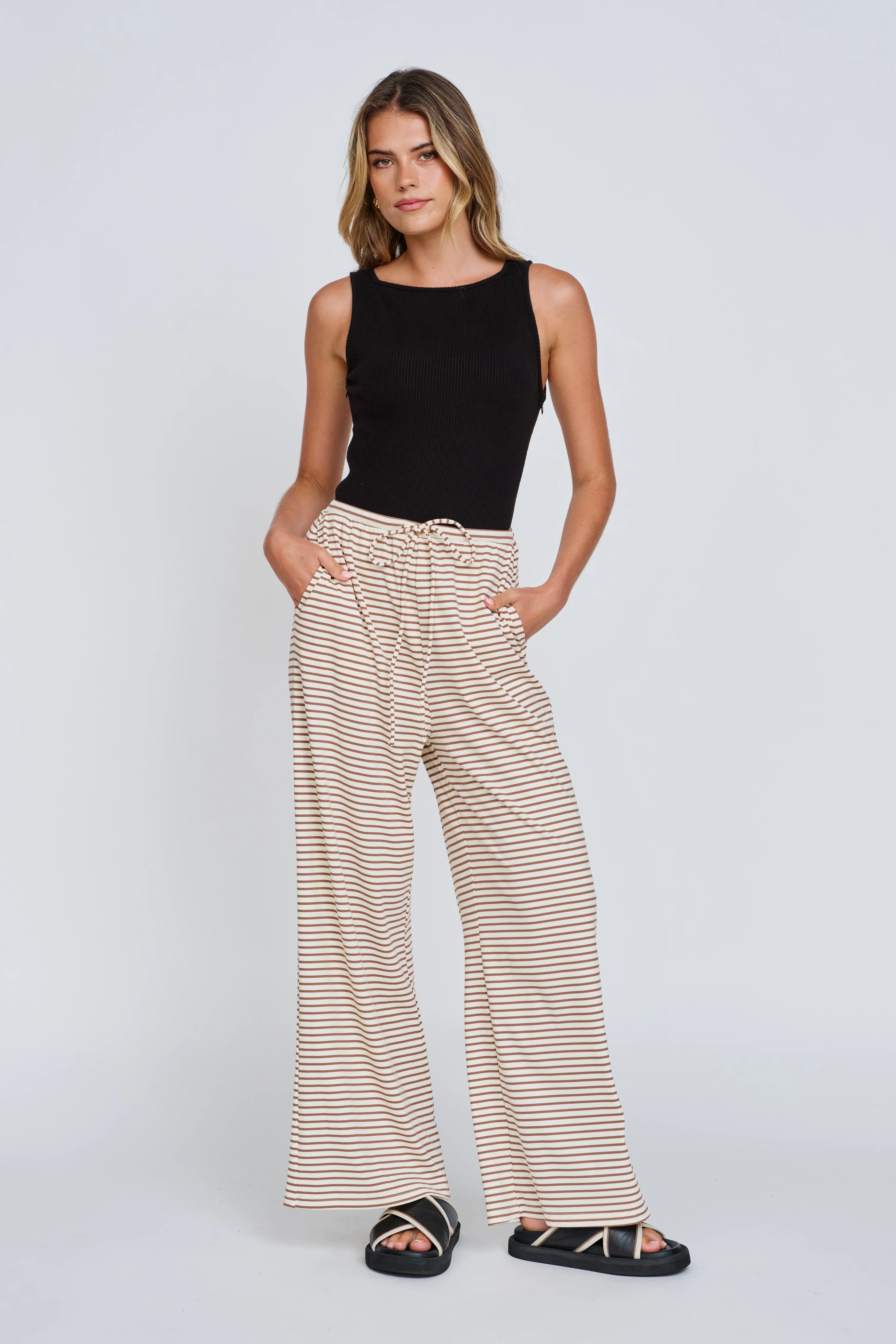 Ivy Stripe Wide Leg Pants - Cream / Tan - Image 7