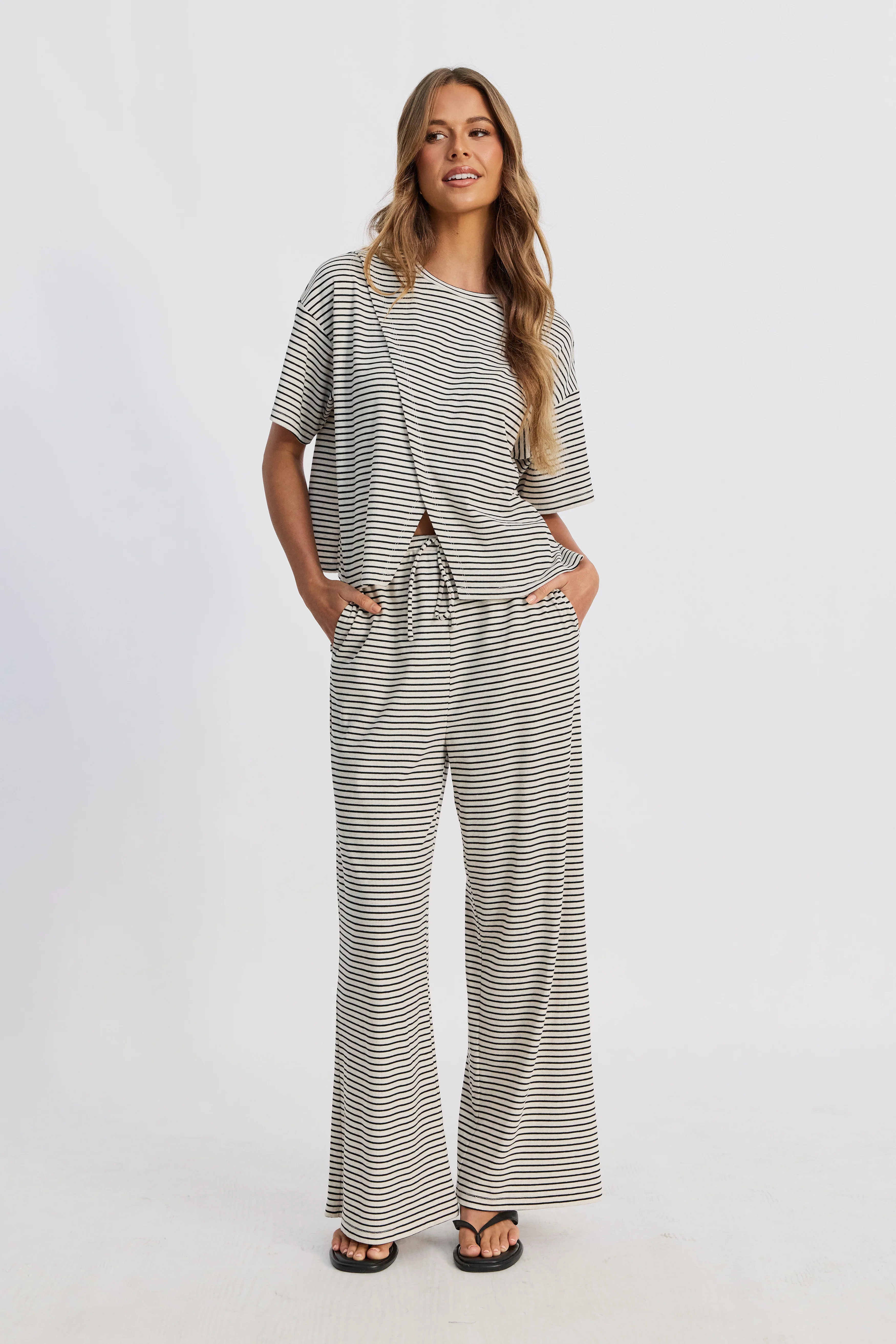 Ivy Stripe Wrap Tee - Cream Marle / Black - Image 10