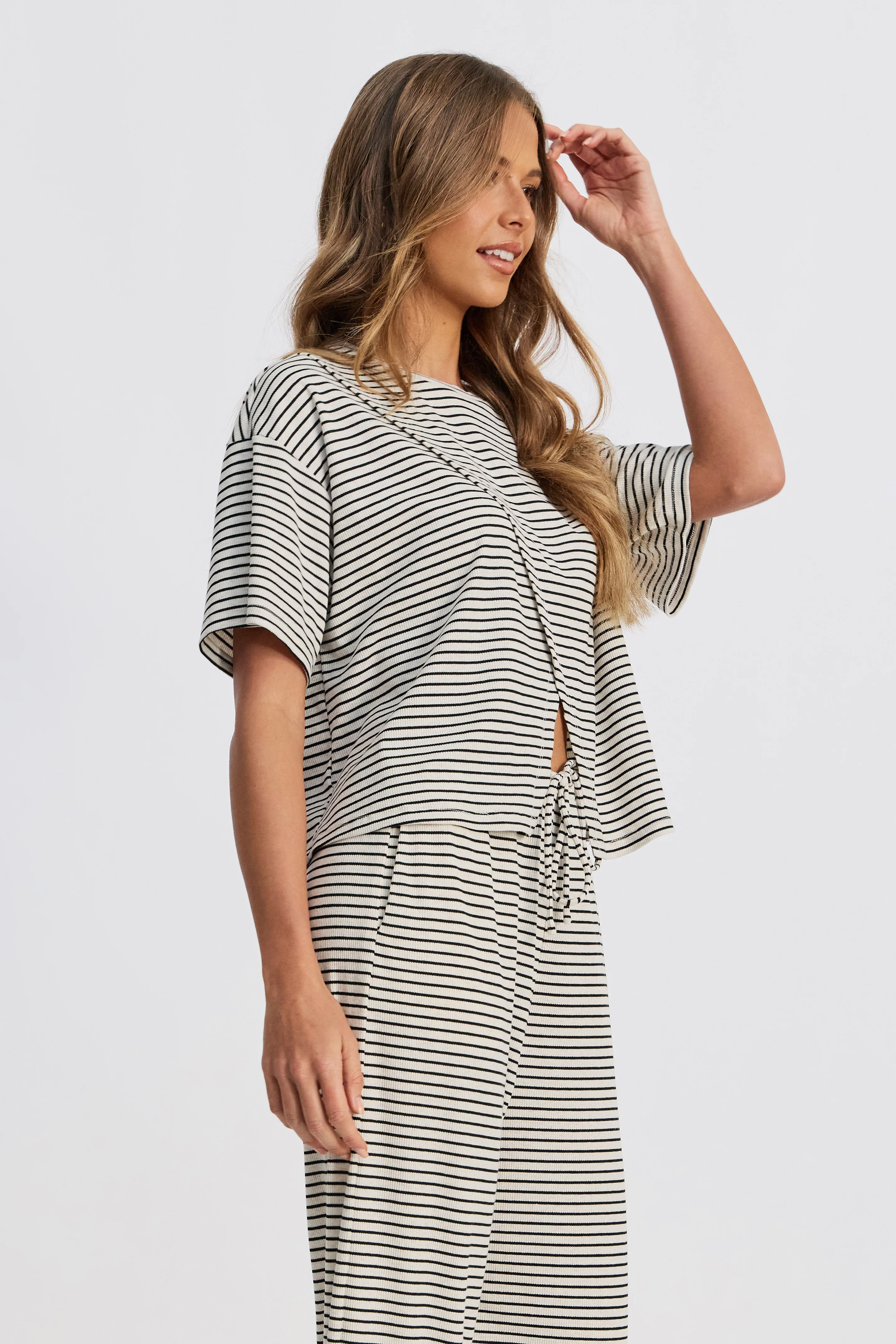 Ivy Stripe Wrap Tee - Cream Marle / Black - Image 6