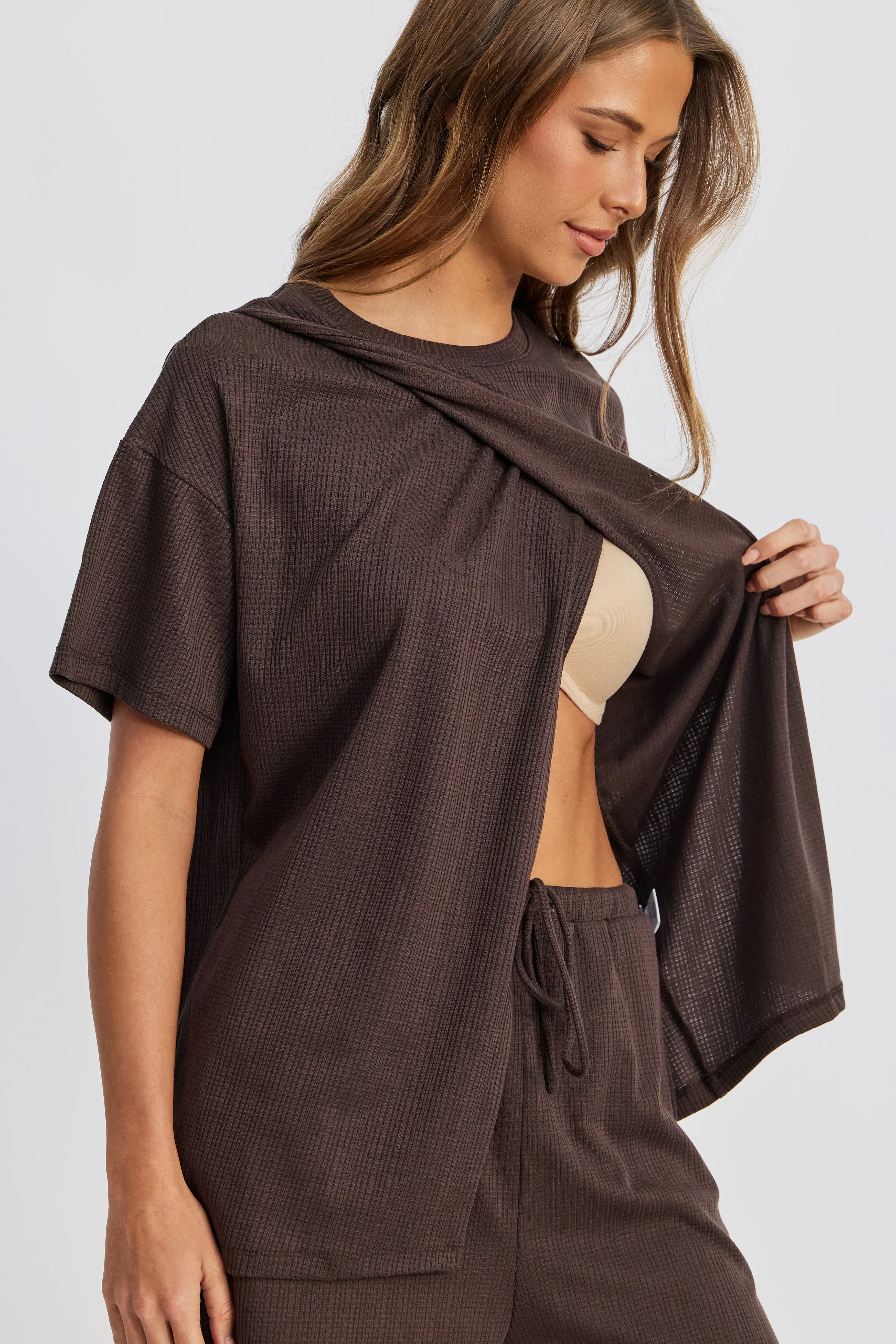 Ivy Waffle Longline Wrap Tee - Chocolate - Image 2