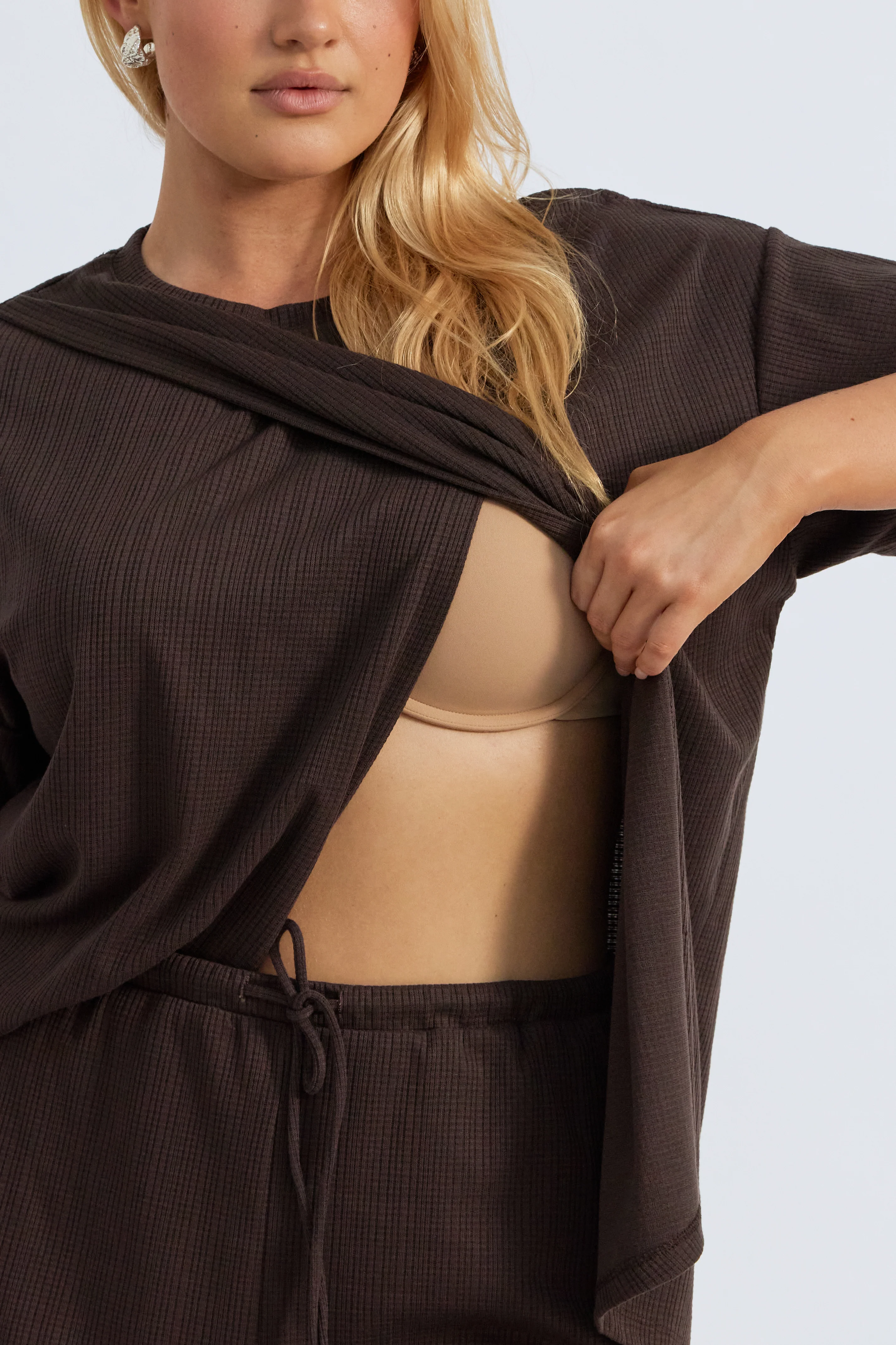 Ivy Waffle Longline Wrap Tee - Chocolate - Image 3