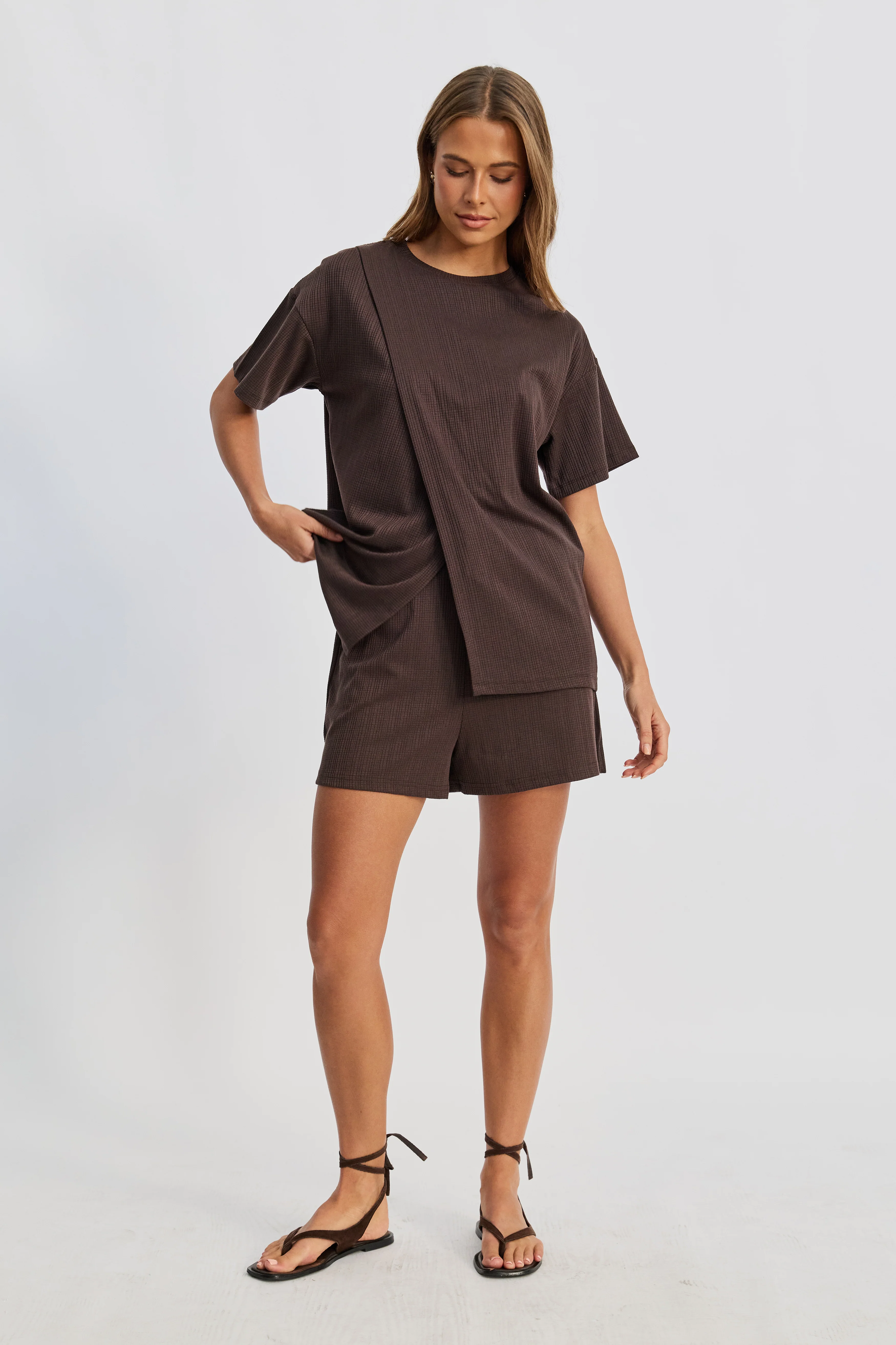 Ivy Waffle Longline Wrap Tee - Chocolate - Image 4
