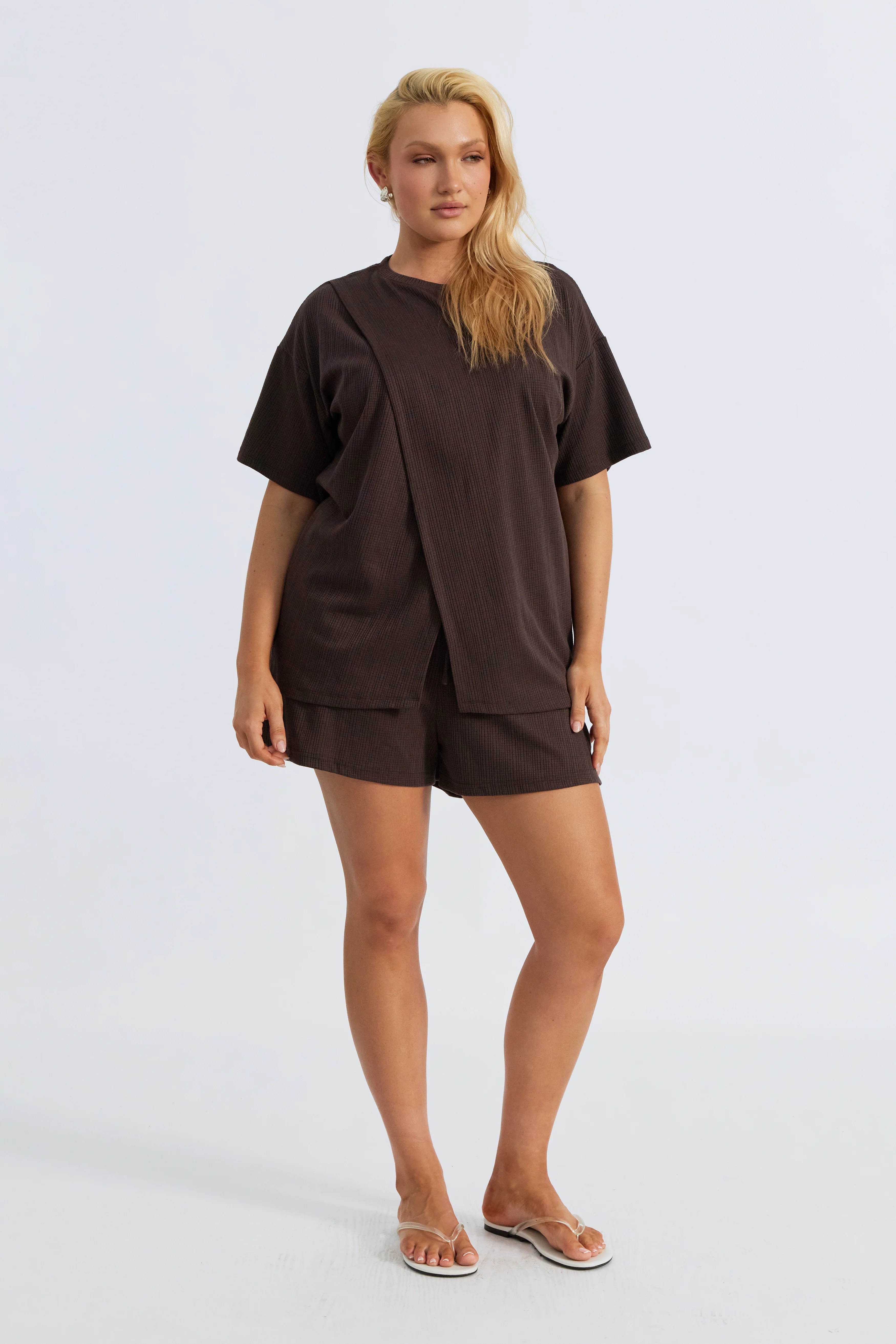 Ivy Waffle Longline Wrap Tee - Chocolate - Image 5