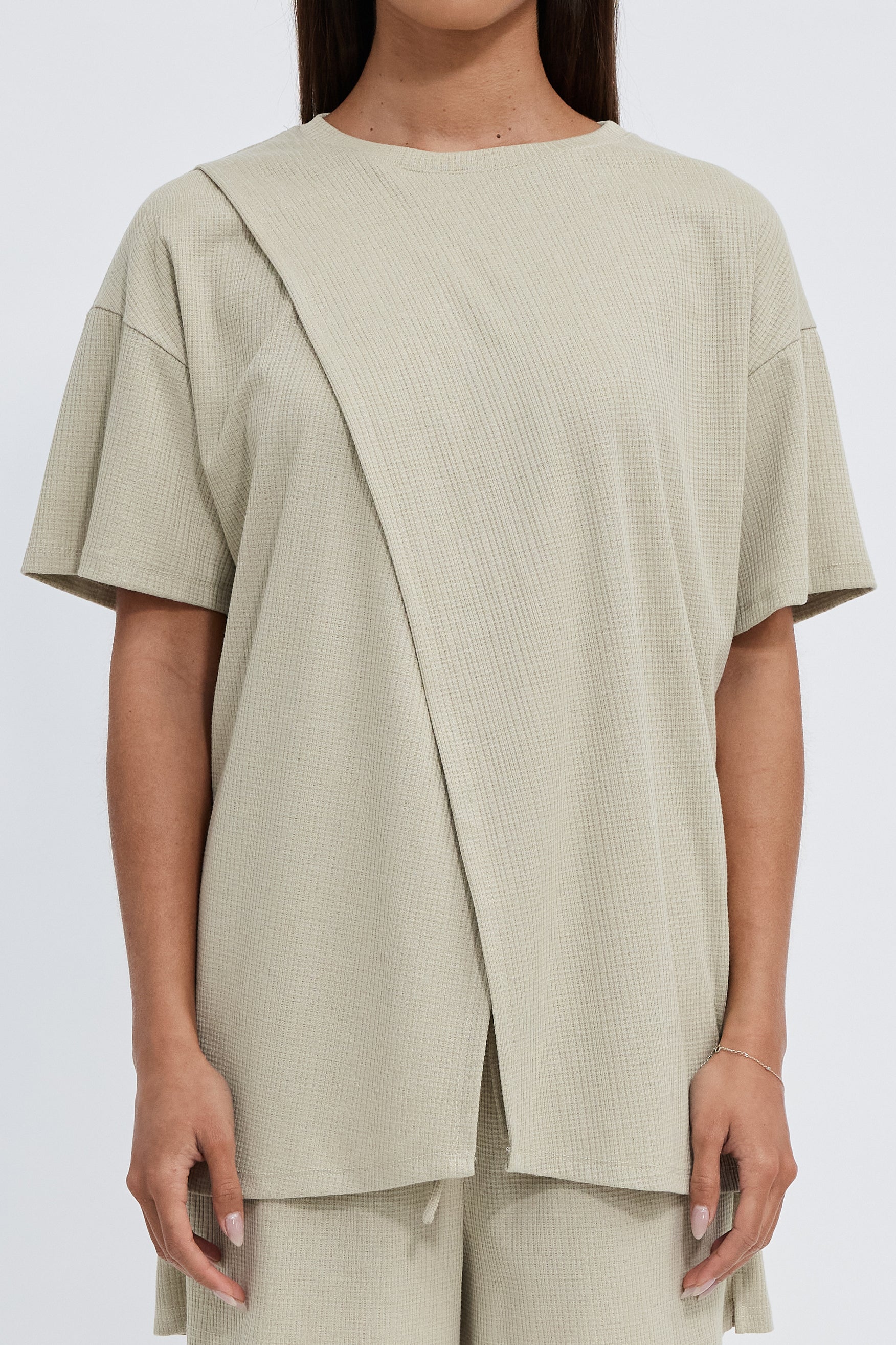 Ivy Waffle Longline Wrap Tee - Sage - Image 3