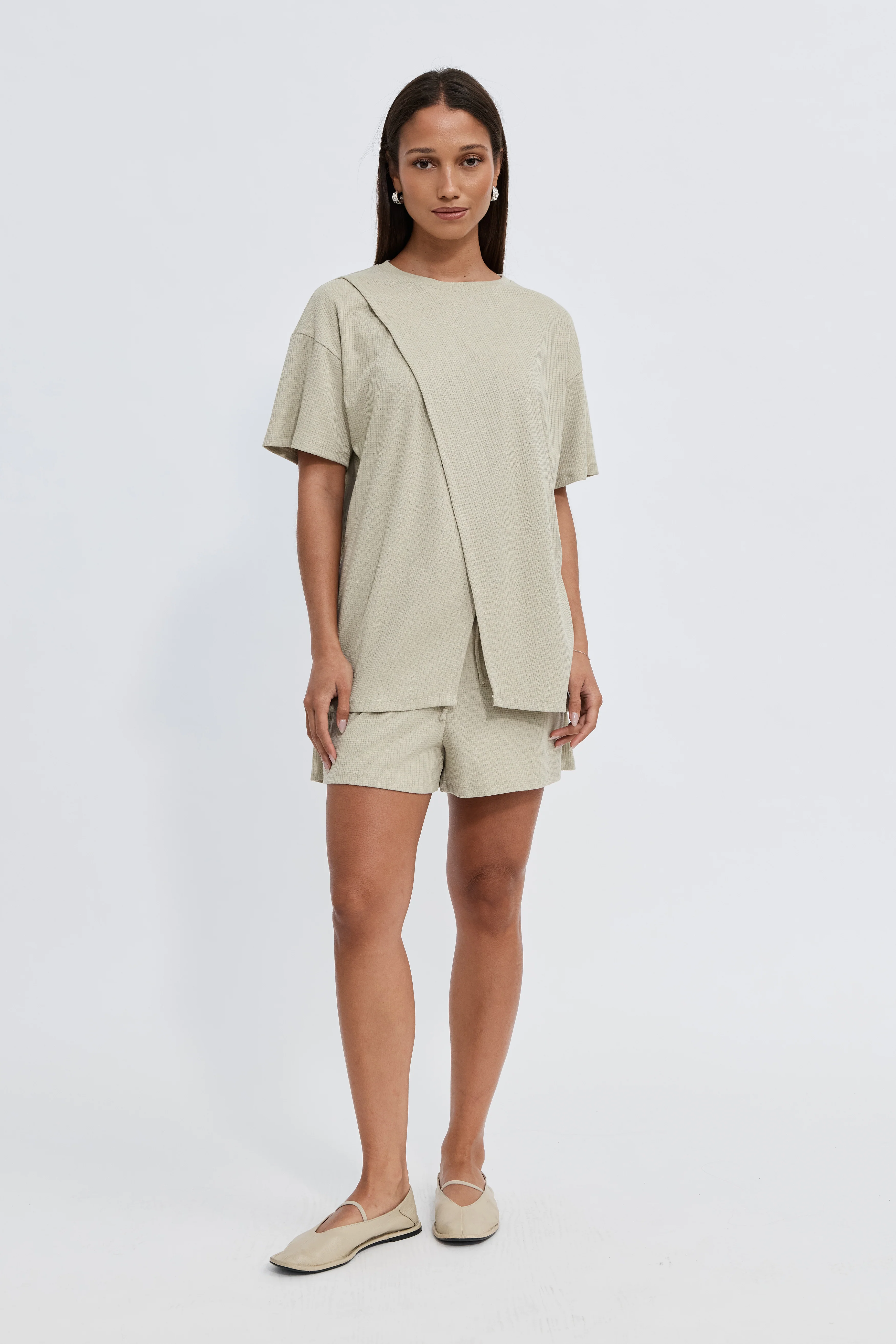 Ivy Waffle Longline Wrap Tee - Sage - Image 4