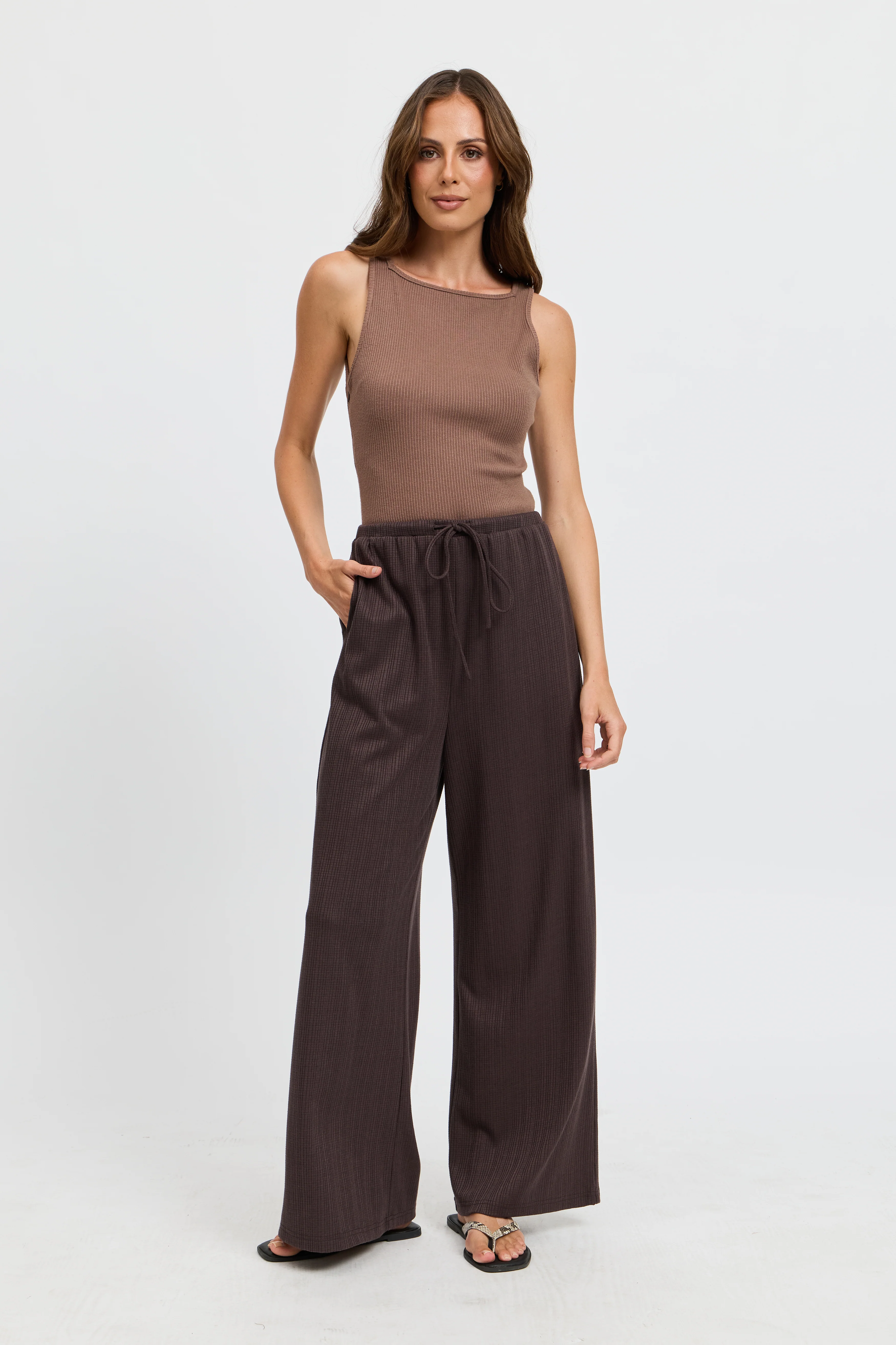 Ivy Waffle Wide Leg Pants - Chocolate - Image 5