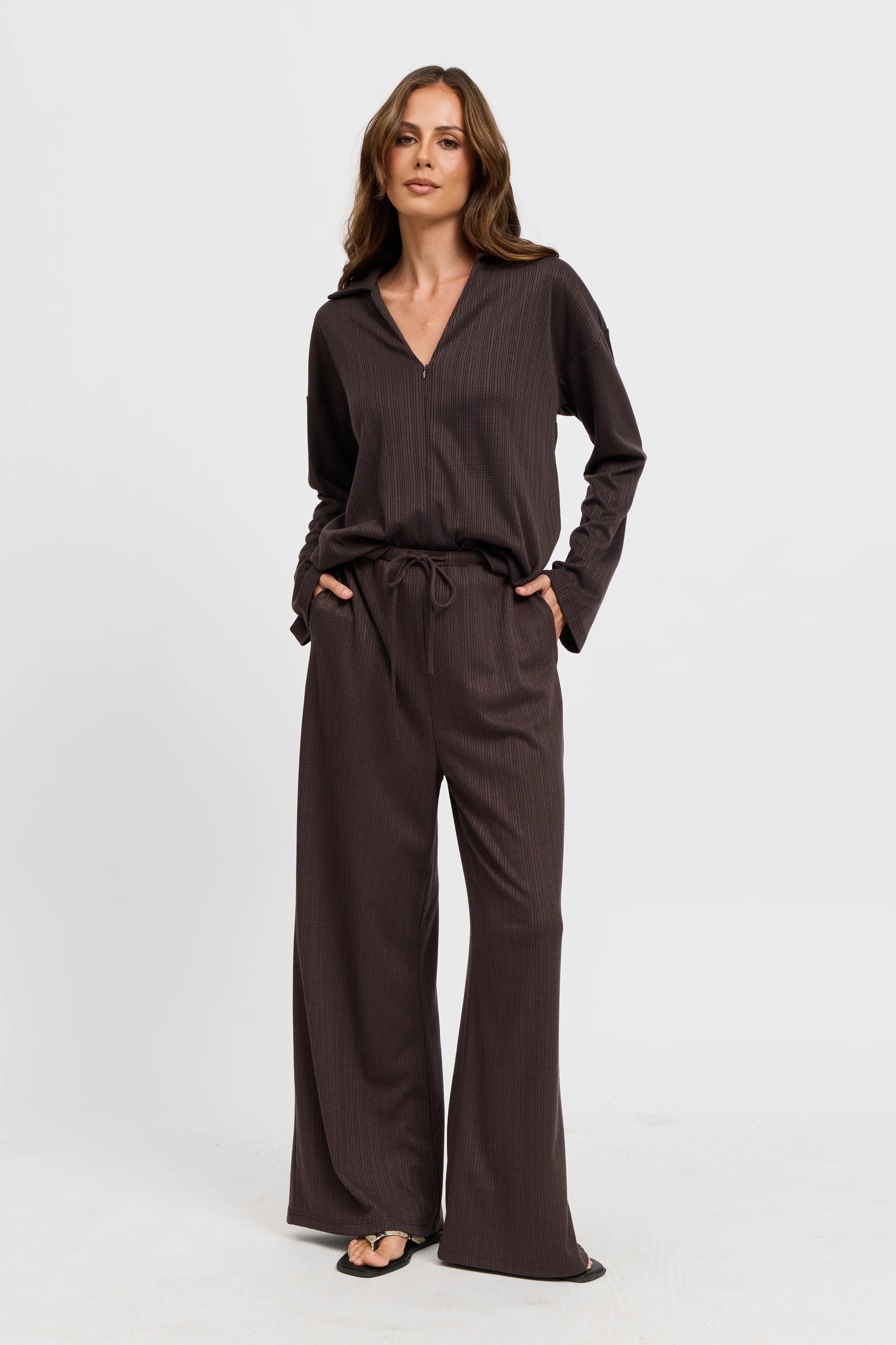 Ivy Waffle Wide Leg Pants - Chocolate - Image 9