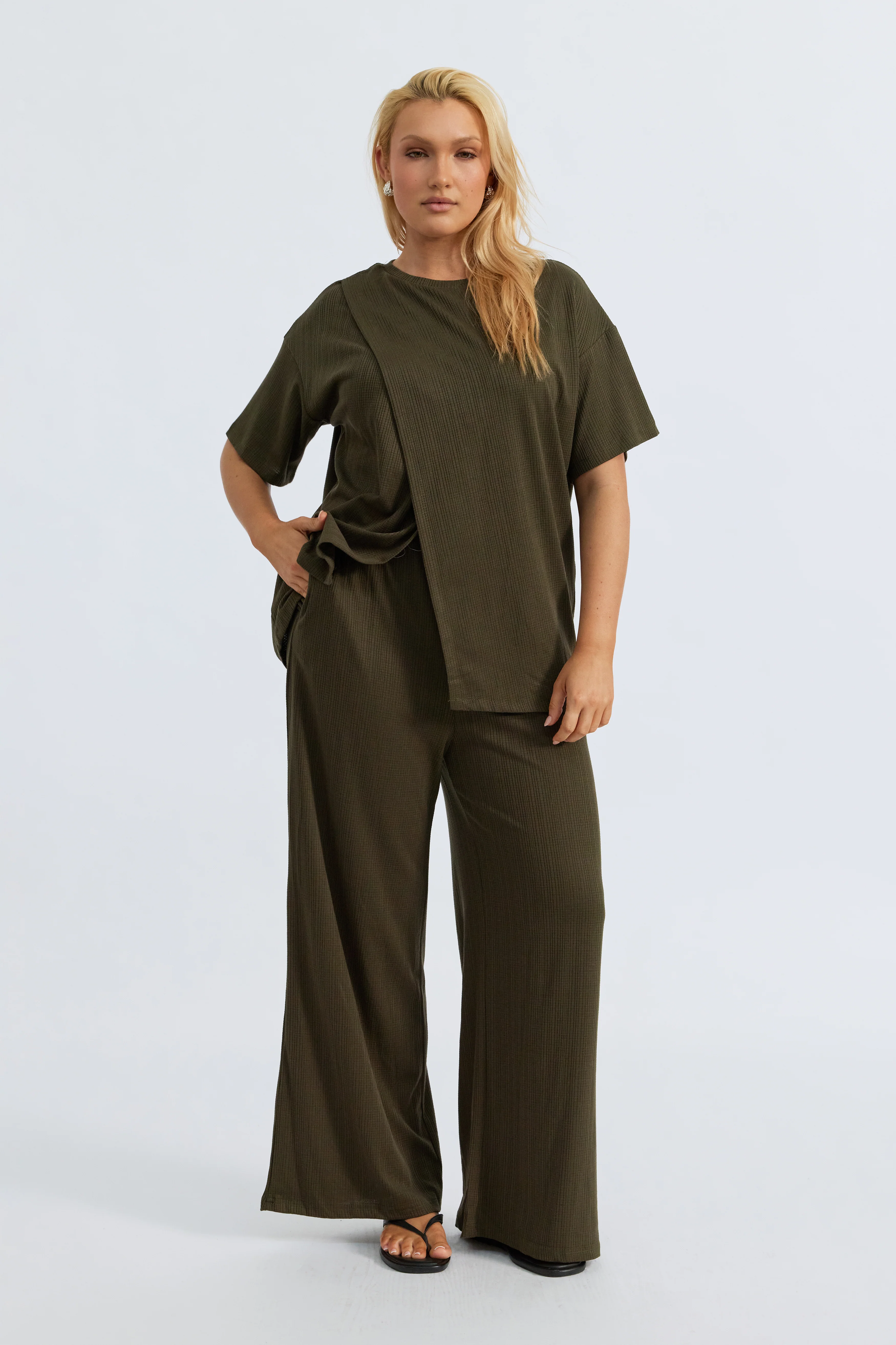 Ivy Waffle Wide Leg Pants - Olive - Image 4