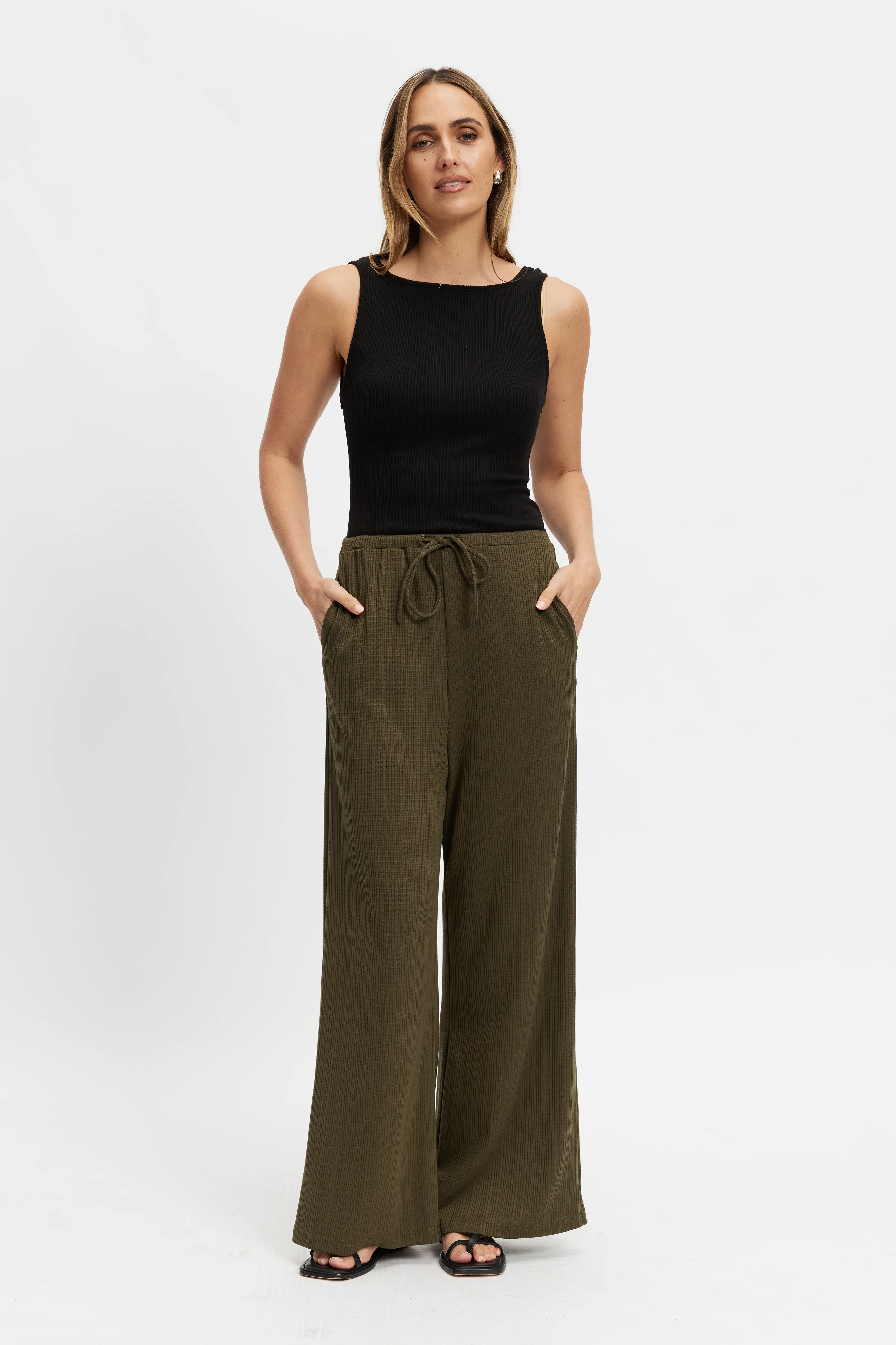 Ivy Waffle Wide Leg Pants - Olive - Image 6