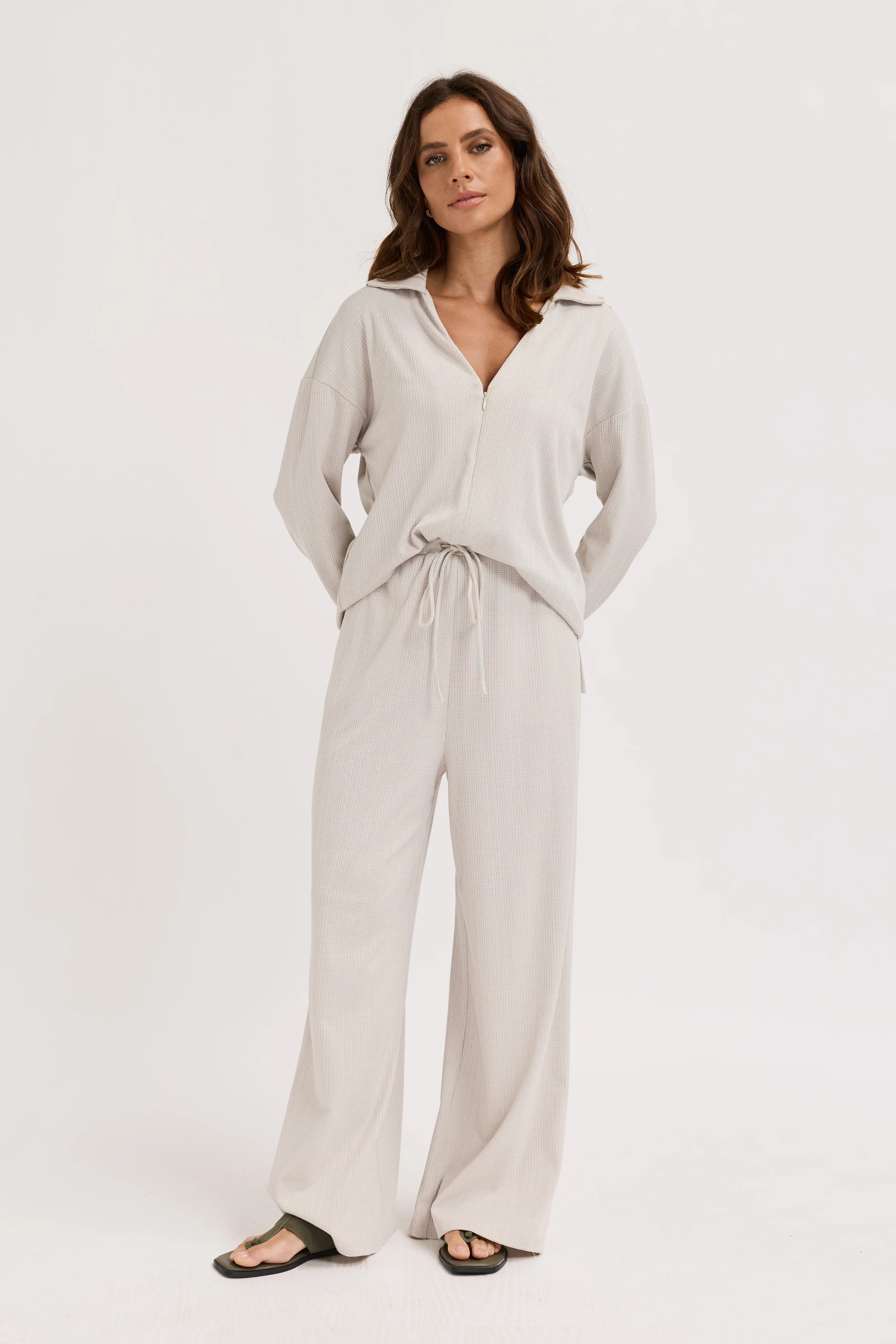Ivy Waffle Wide Leg Pants - Stone Grey - Image 6