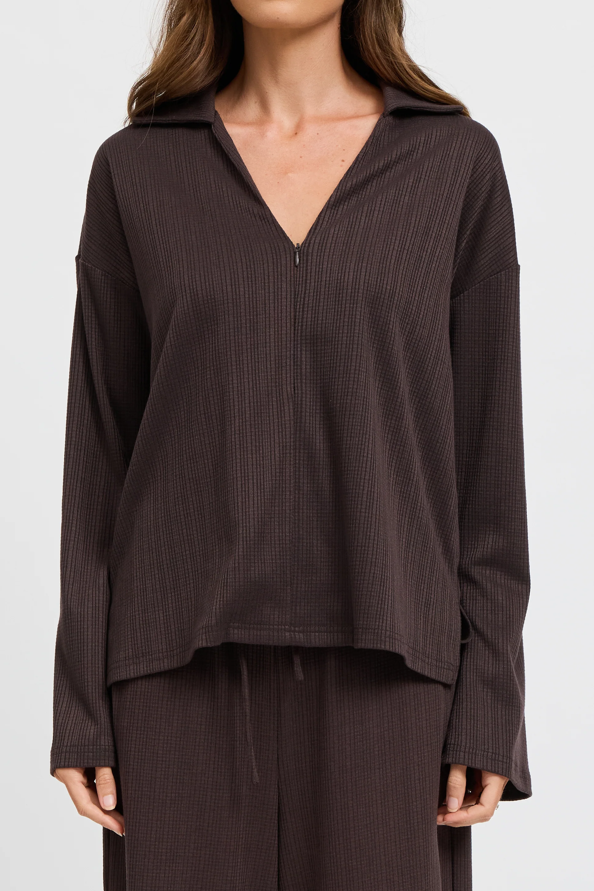 Ivy Waffle Zip-Front Top - Chocolate - Image 3