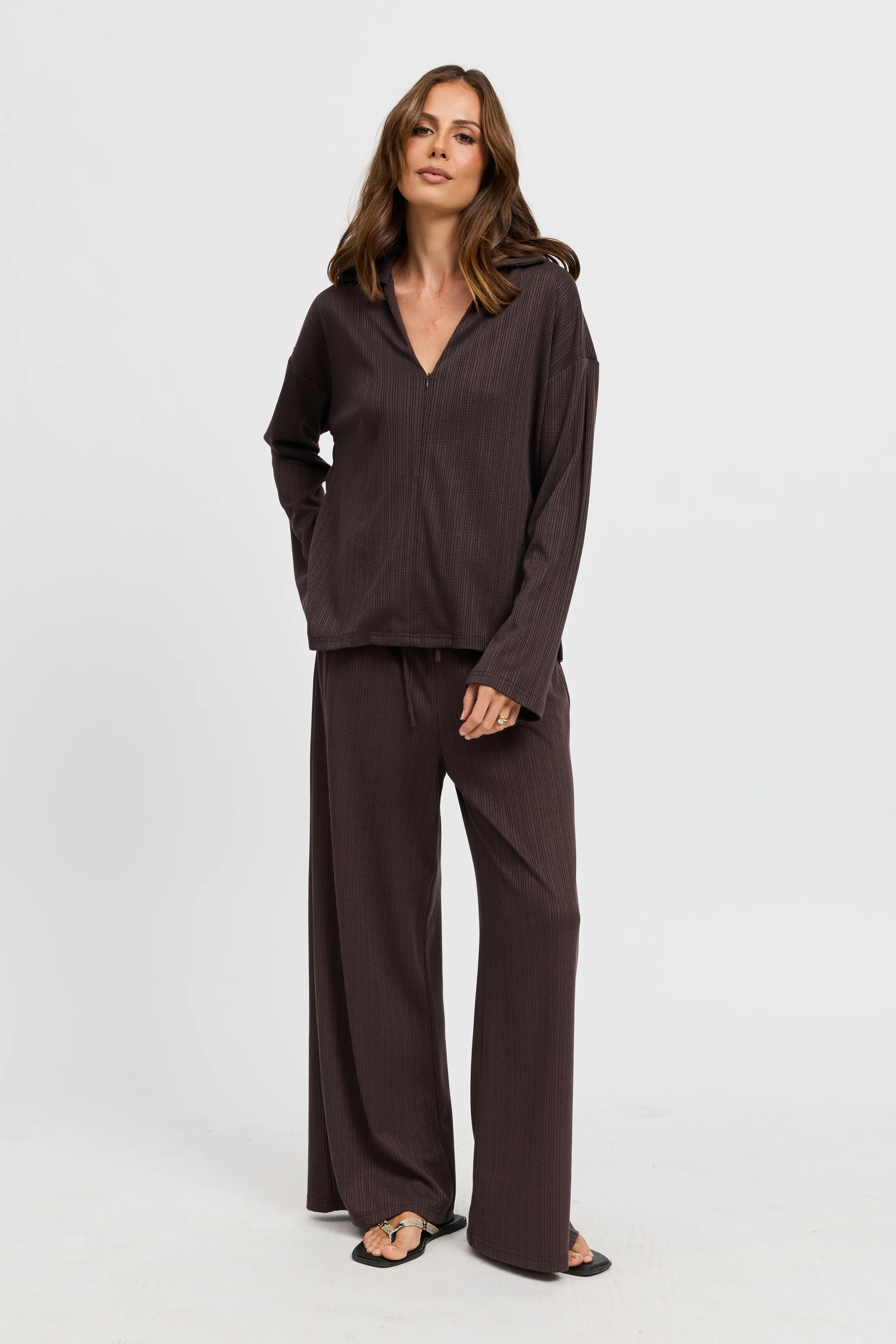 Ivy Waffle Zip-Front Top - Chocolate - Image 4