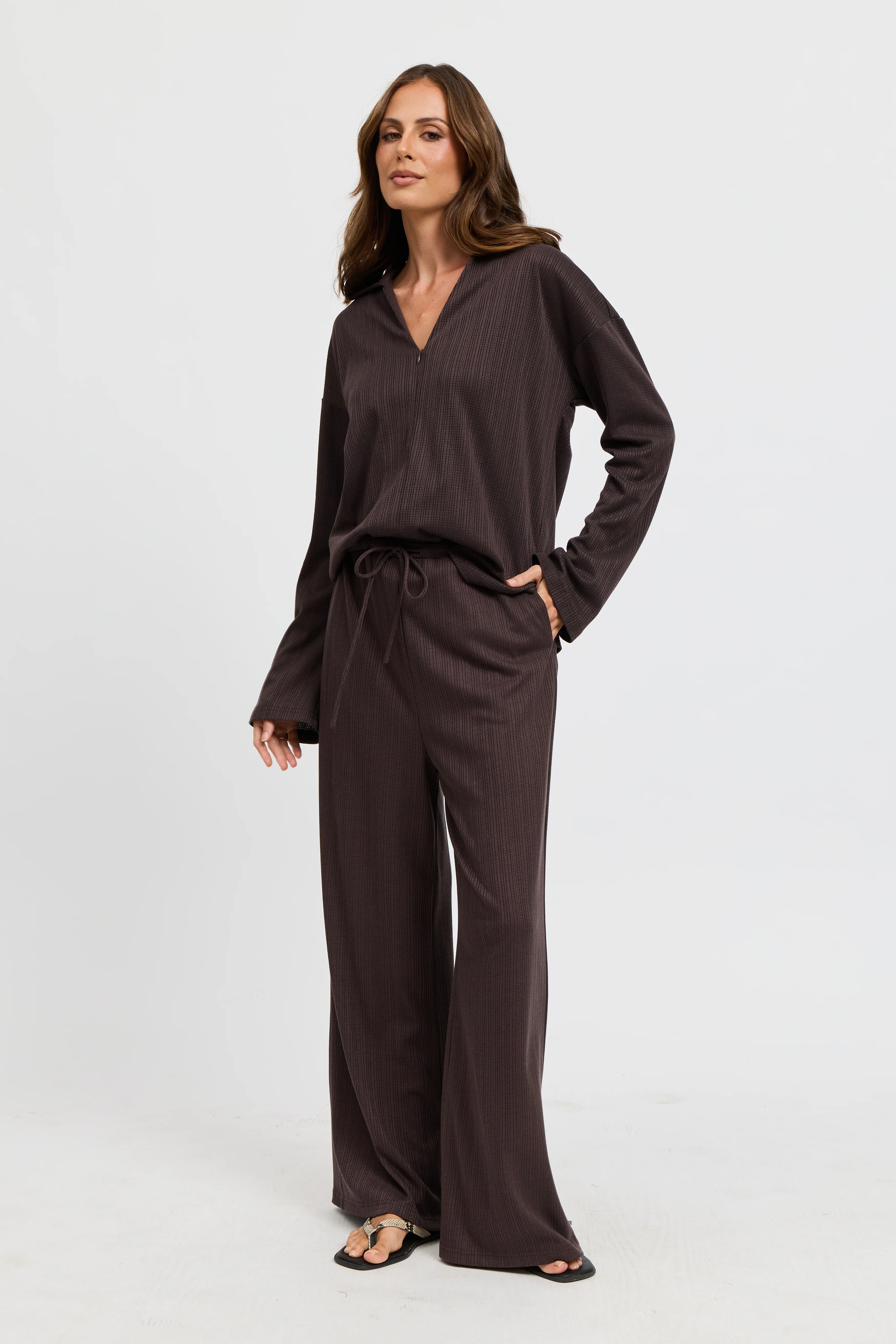 Ivy Waffle Zip-Front Top - Chocolate - Image 5